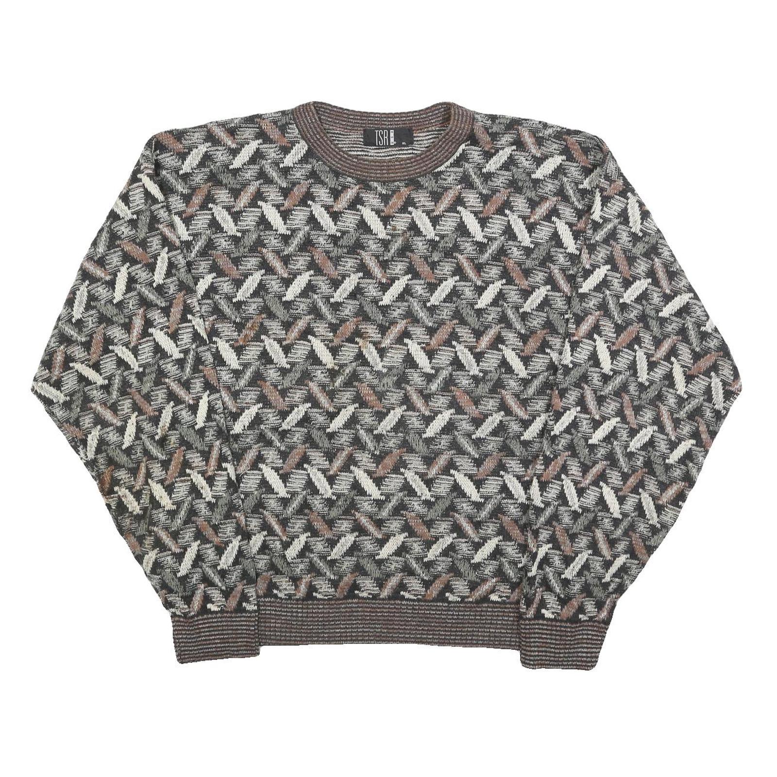 TSR Womens Grey & Brown Patterned Jumper Crew Neck Basic Knit XL Vintage Style