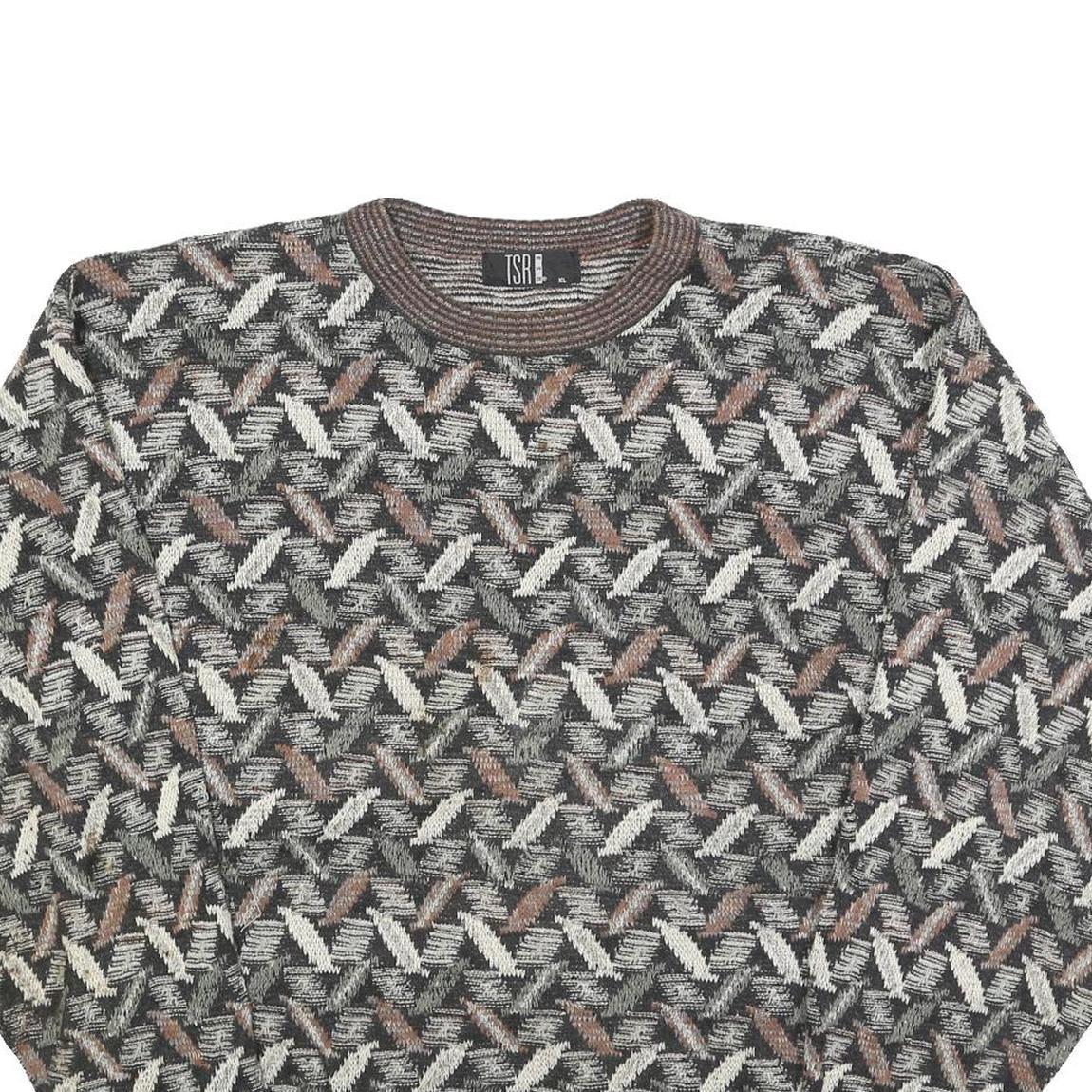 TSR Womens Grey & Brown Patterned Jumper Crew Neck Basic Knit XL Vintage Style