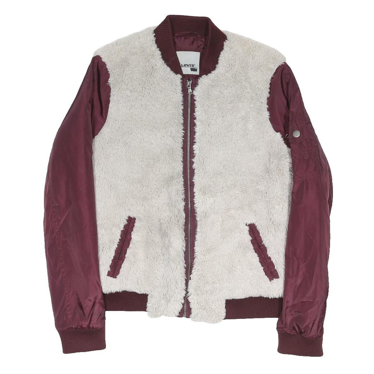 LEVI'S Womens Burgundy & Cream Zip Bomber Jacket M Cotton Blend Sherpa Casual