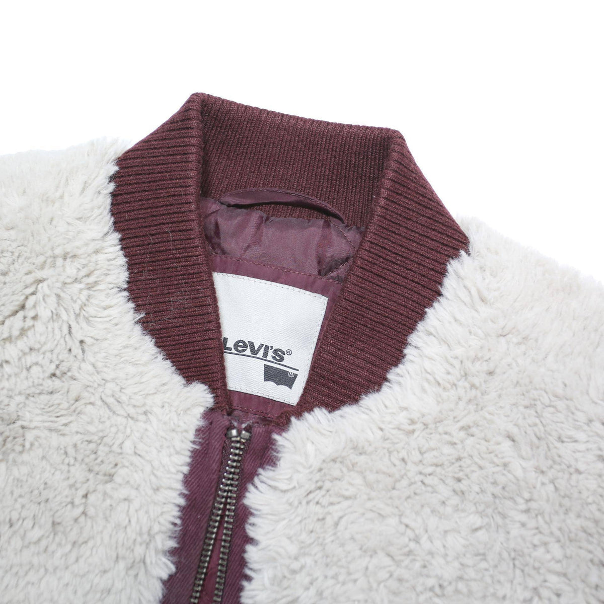 LEVI'S Womens Burgundy & Cream Zip Bomber Jacket M Cotton Blend Sherpa Casual