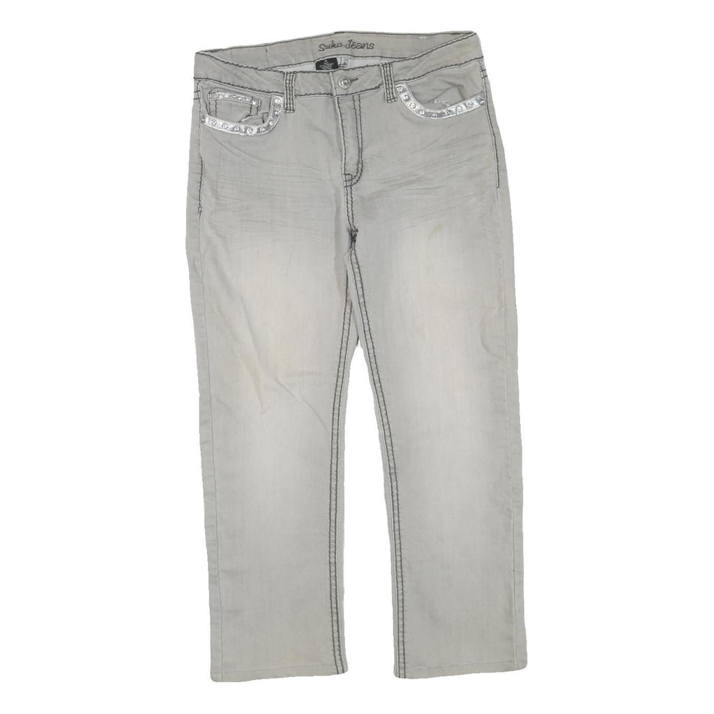 SUKO JEANS Womens Regular Fit Cotton Blend Light Grey Zip W34 L27 Embellished