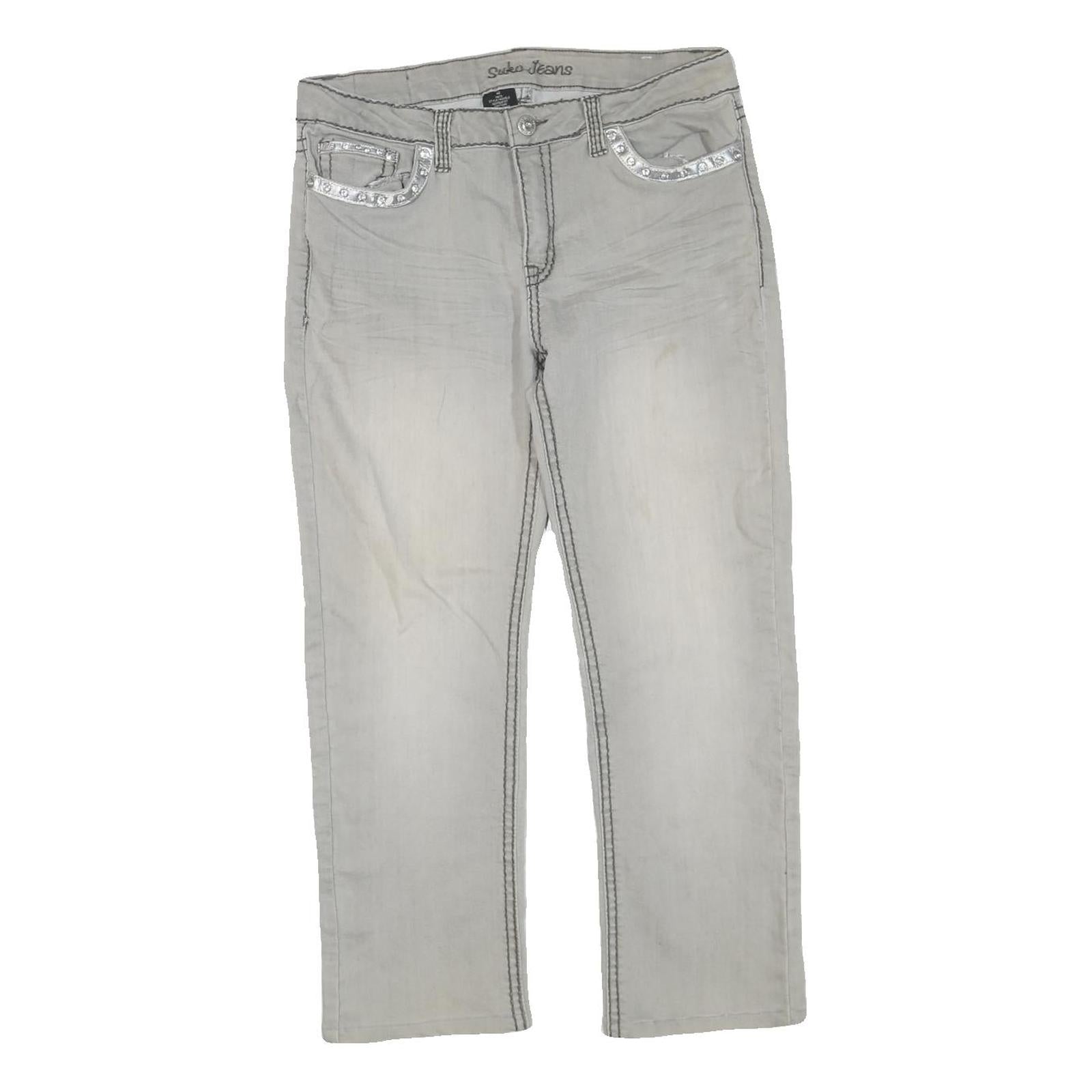 SUKO JEANS Womens Regular Fit Cotton Blend Light Grey Zip W34 L27 Embellished