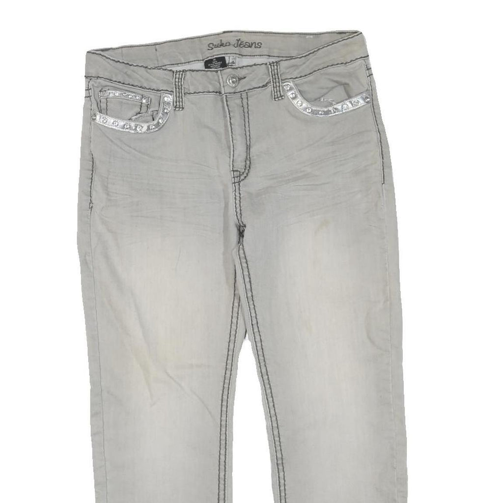 SUKO JEANS Womens Regular Fit Cotton Blend Light Grey Zip W34 L27 Embellished