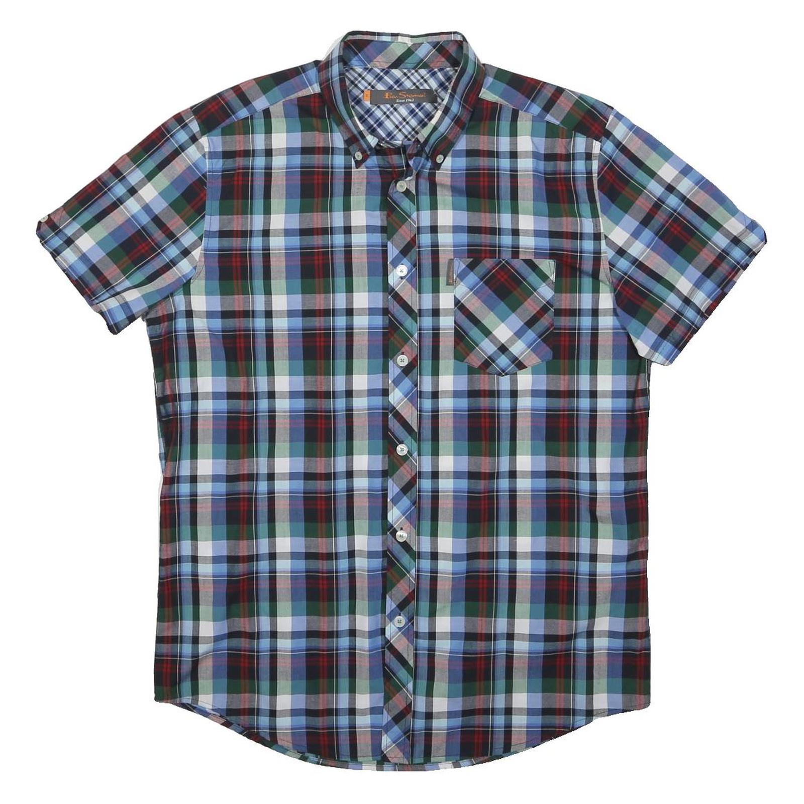 BEN SHERMAN Mens Blue Green Red Check Shirt S Cotton Blend Button Down Collar