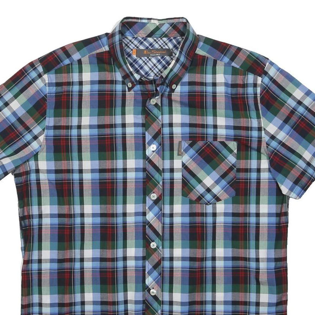 BEN SHERMAN Mens Blue Green Red Check Shirt S Cotton Blend Button Down Collar