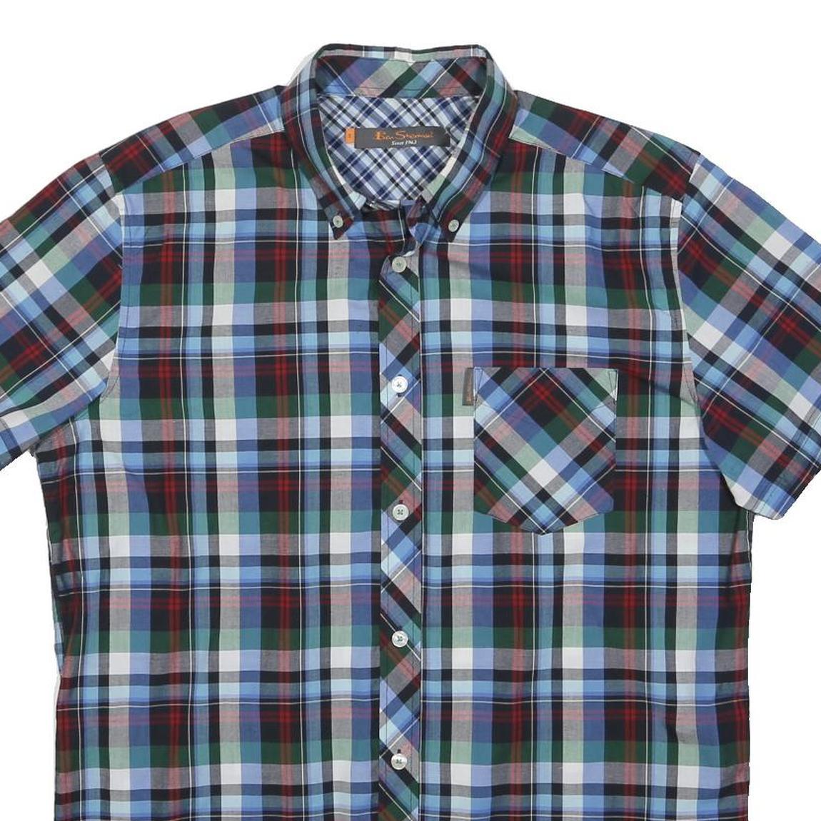 BEN SHERMAN Mens Blue Green Red Check Shirt S Cotton Blend Button Down Collar
