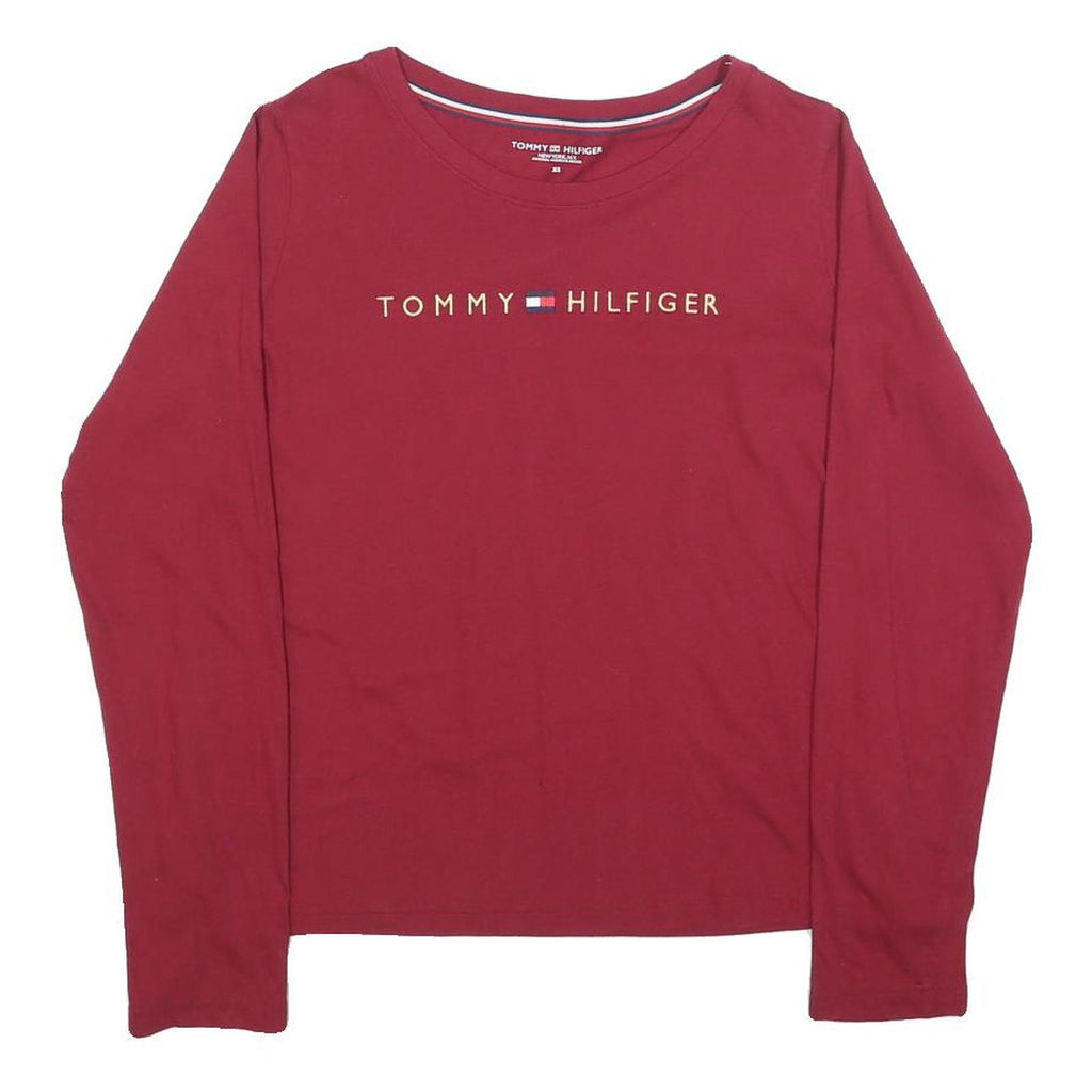 TOMMY HILFIGER Womens Red Long Sleeve Crew Neck T-Shirt XS Cotton Blend Logo