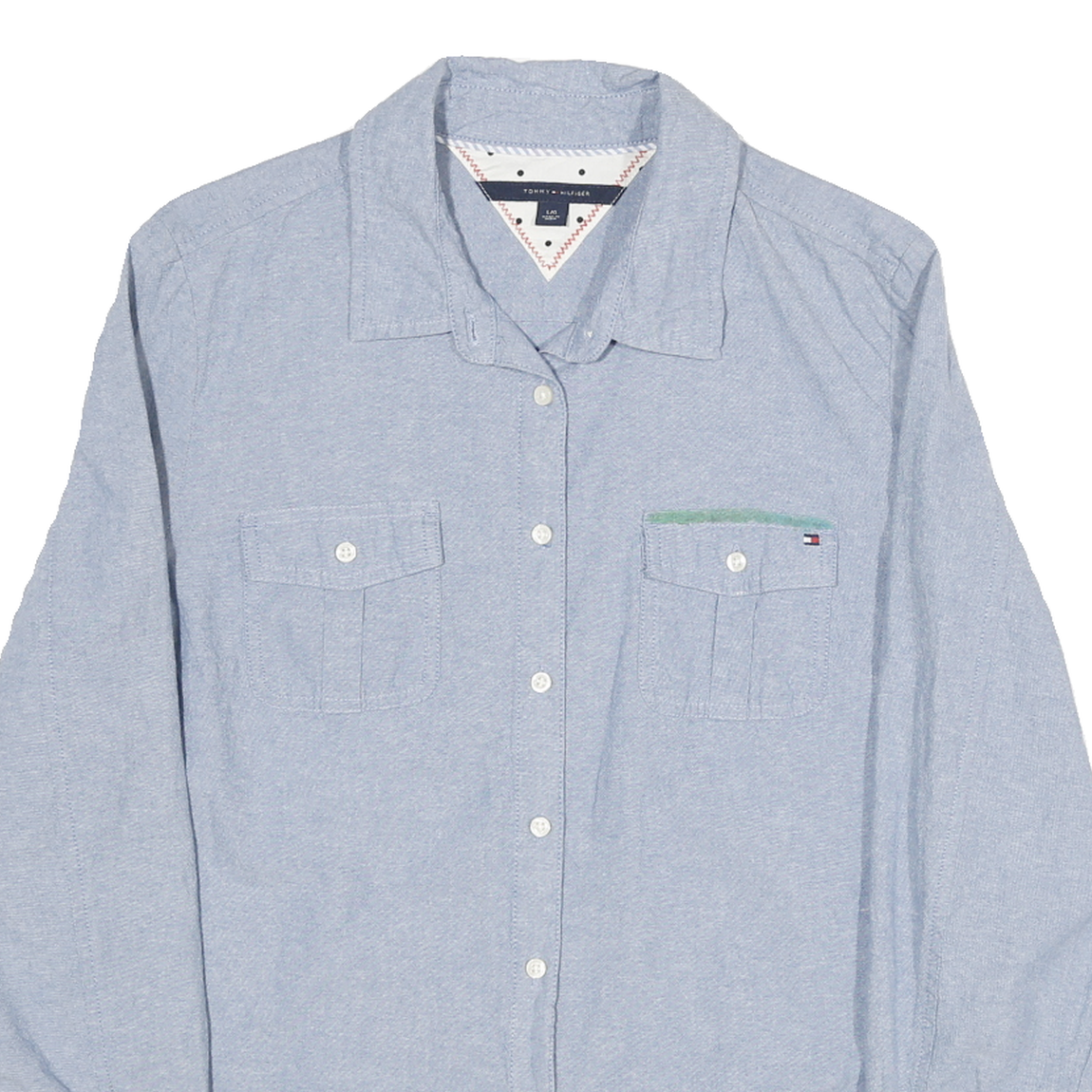 TOMMY HILFIGER Womens Blue Shirt L Cotton Blend Casual Button-Up Double Pocket
