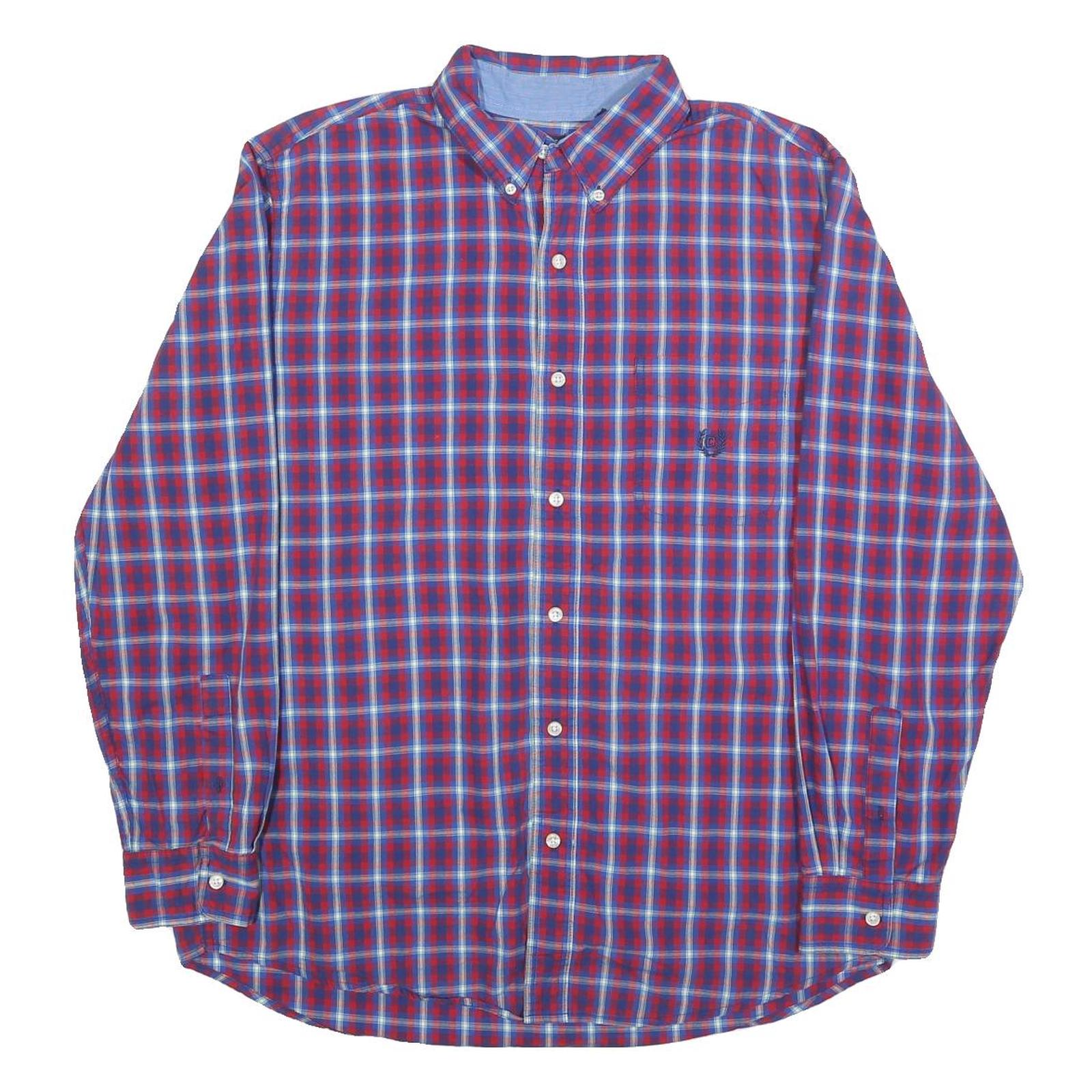 CHAPS Mens Red & Blue Checked Shirt L Button Down Cotton Blend Casual Long