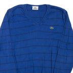 LACOSTE Mens Patterned Jumper Blue Striped V-Neck Tight Knit M