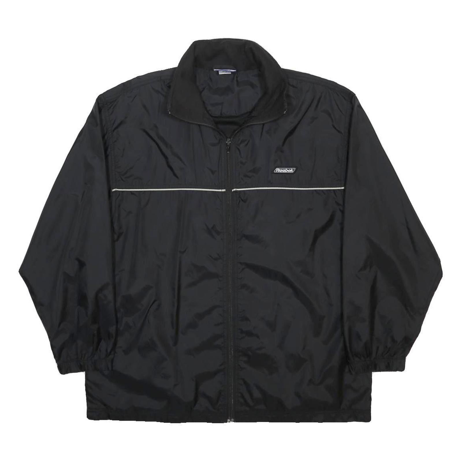REEBOK Mens Black Nylon Zip Jacket L Lightweight Sportswear Reflective Stripe