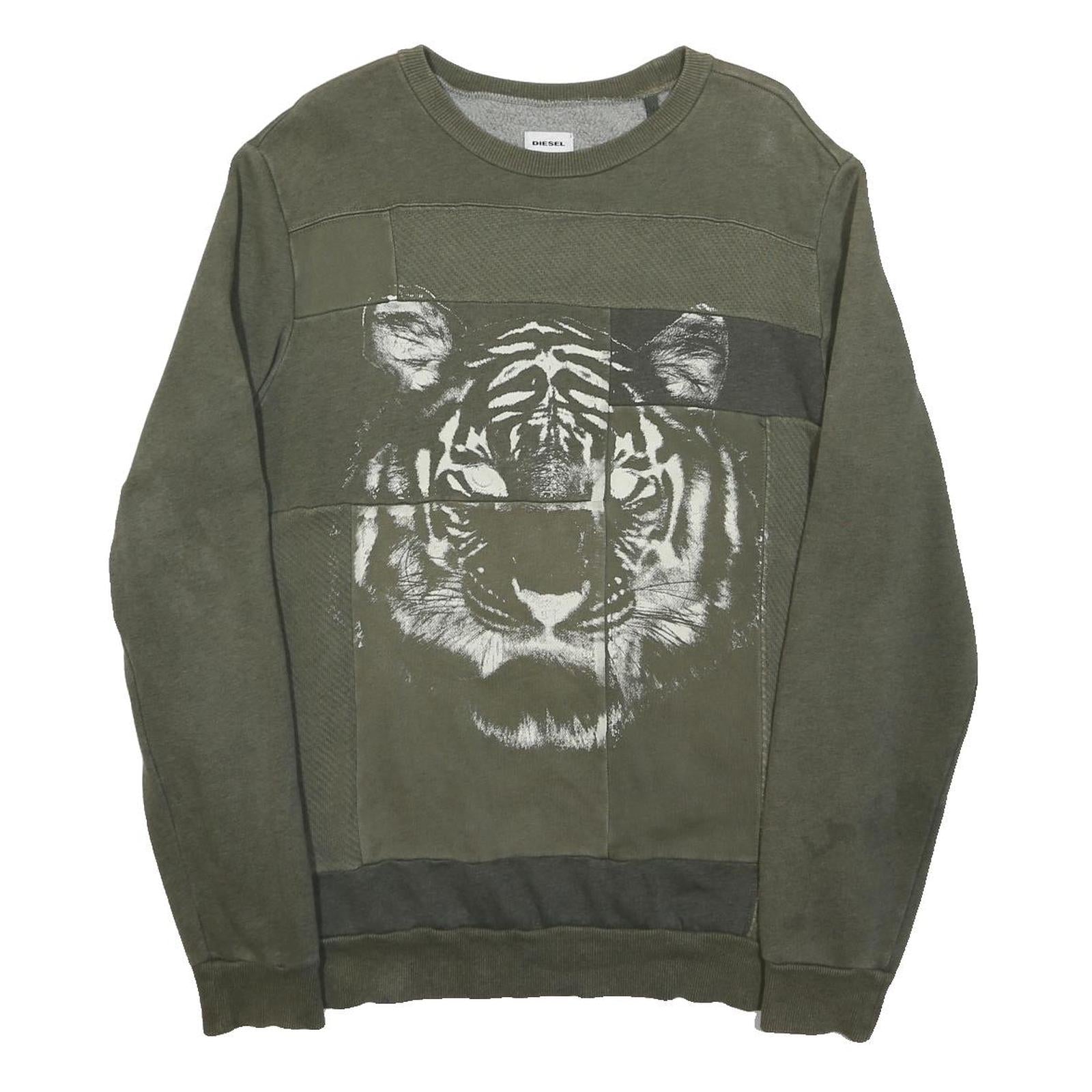DIESEL Mens Green Cotton Blend Crew Neck M Tiger Graphic Sweatshirt