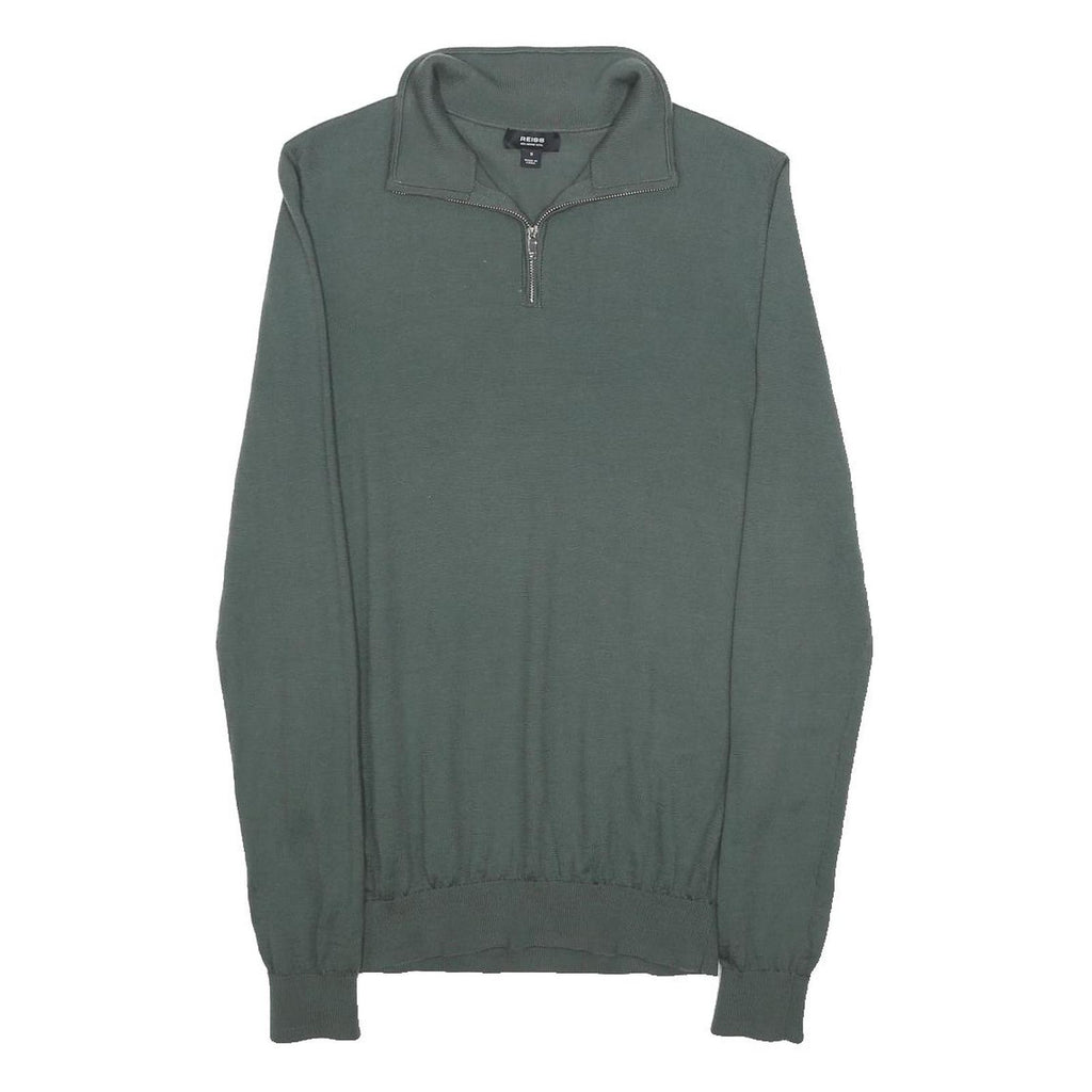 REISS Mens Green Jumper Plain 1/4 Zip Basic Knit S Wool Soft Fit
