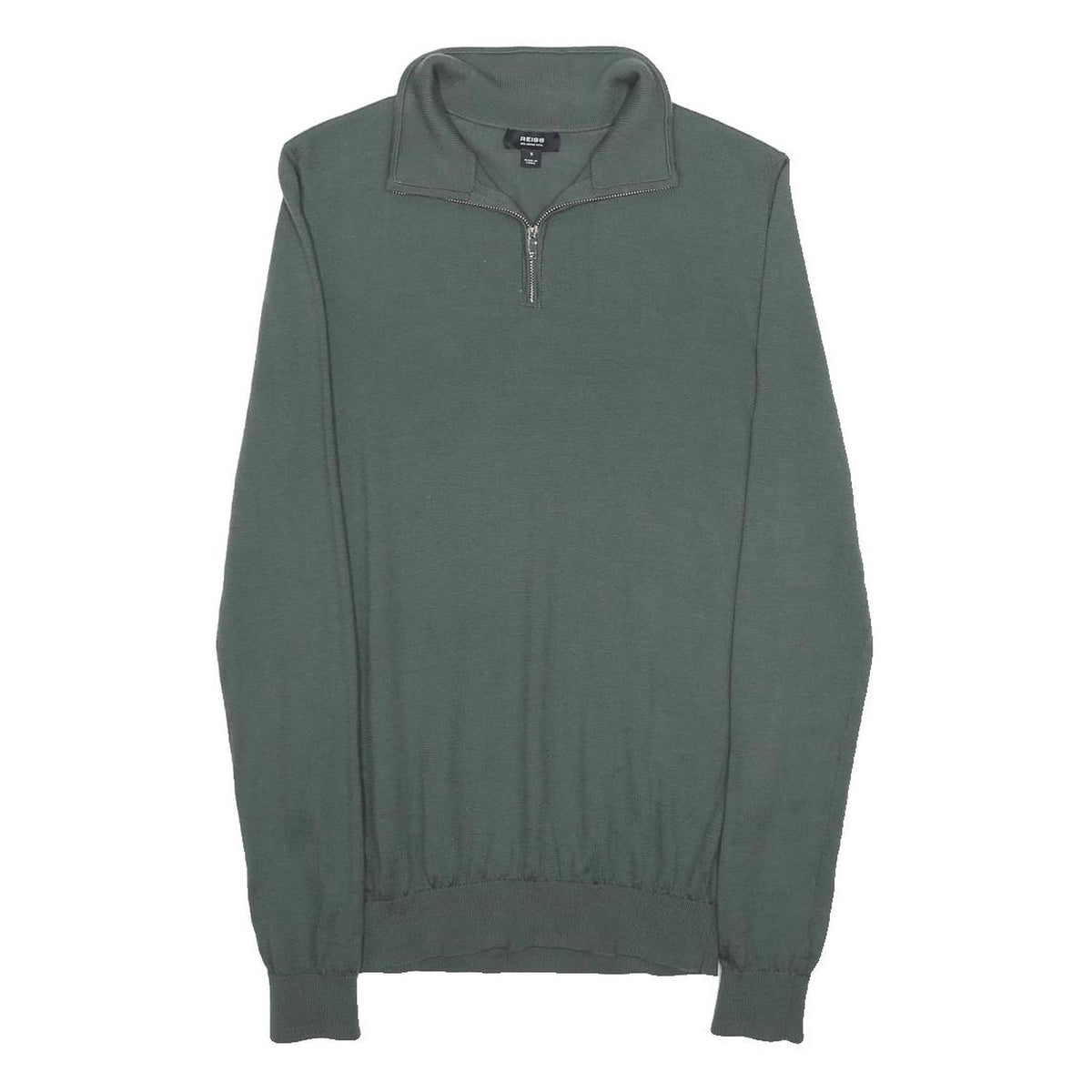 REISS Mens Green Jumper Plain 1/4 Zip Basic Knit S Wool Soft Fit