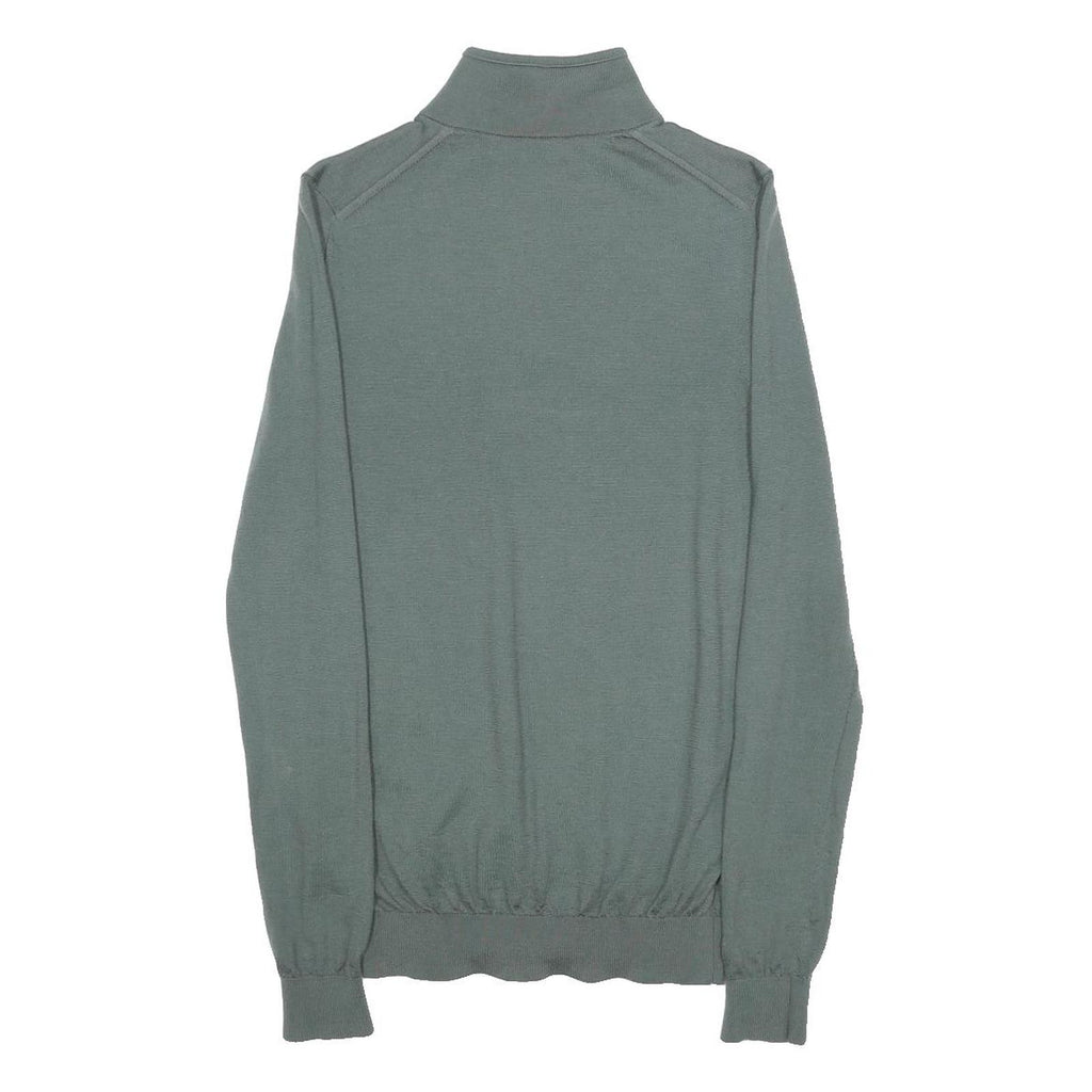 REISS Mens Green Jumper Plain 1/4 Zip Basic Knit S Wool Soft Fit