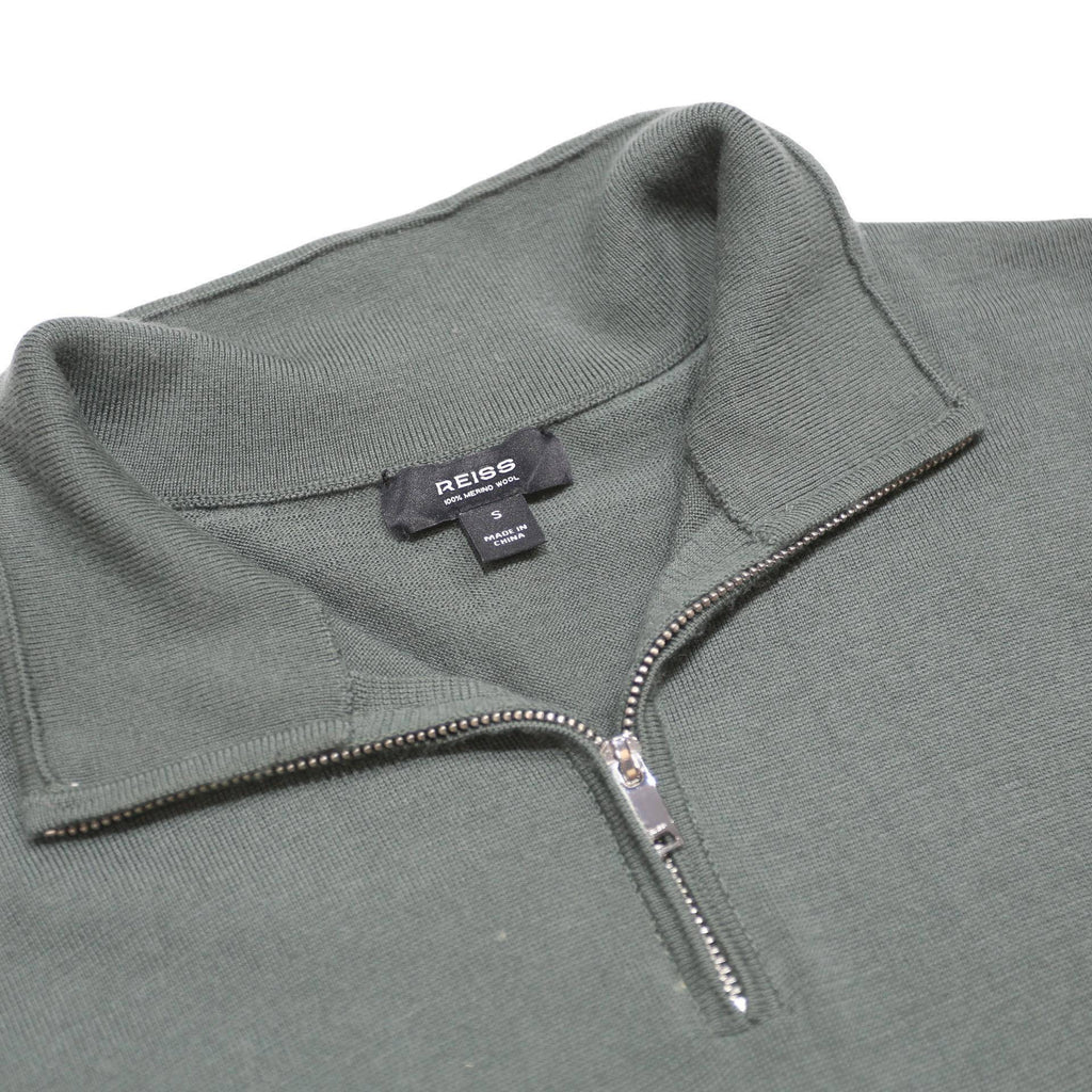 REISS Mens Green Jumper Plain 1/4 Zip Basic Knit S Wool Soft Fit