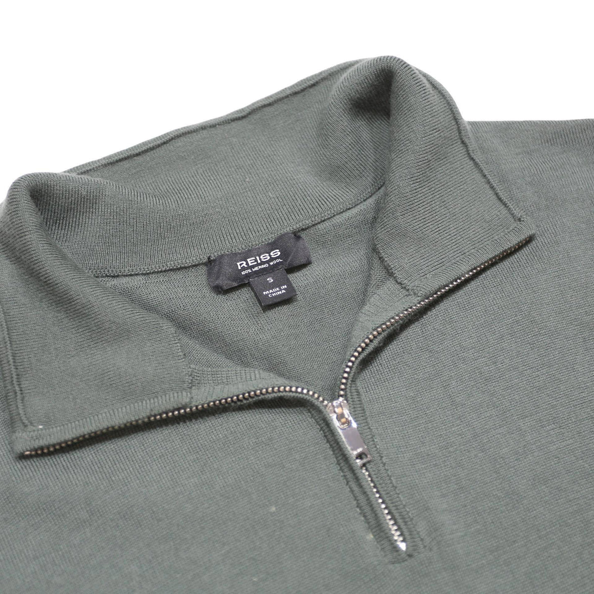 REISS Mens Green Jumper Plain 1/4 Zip Basic Knit S Wool Soft Fit