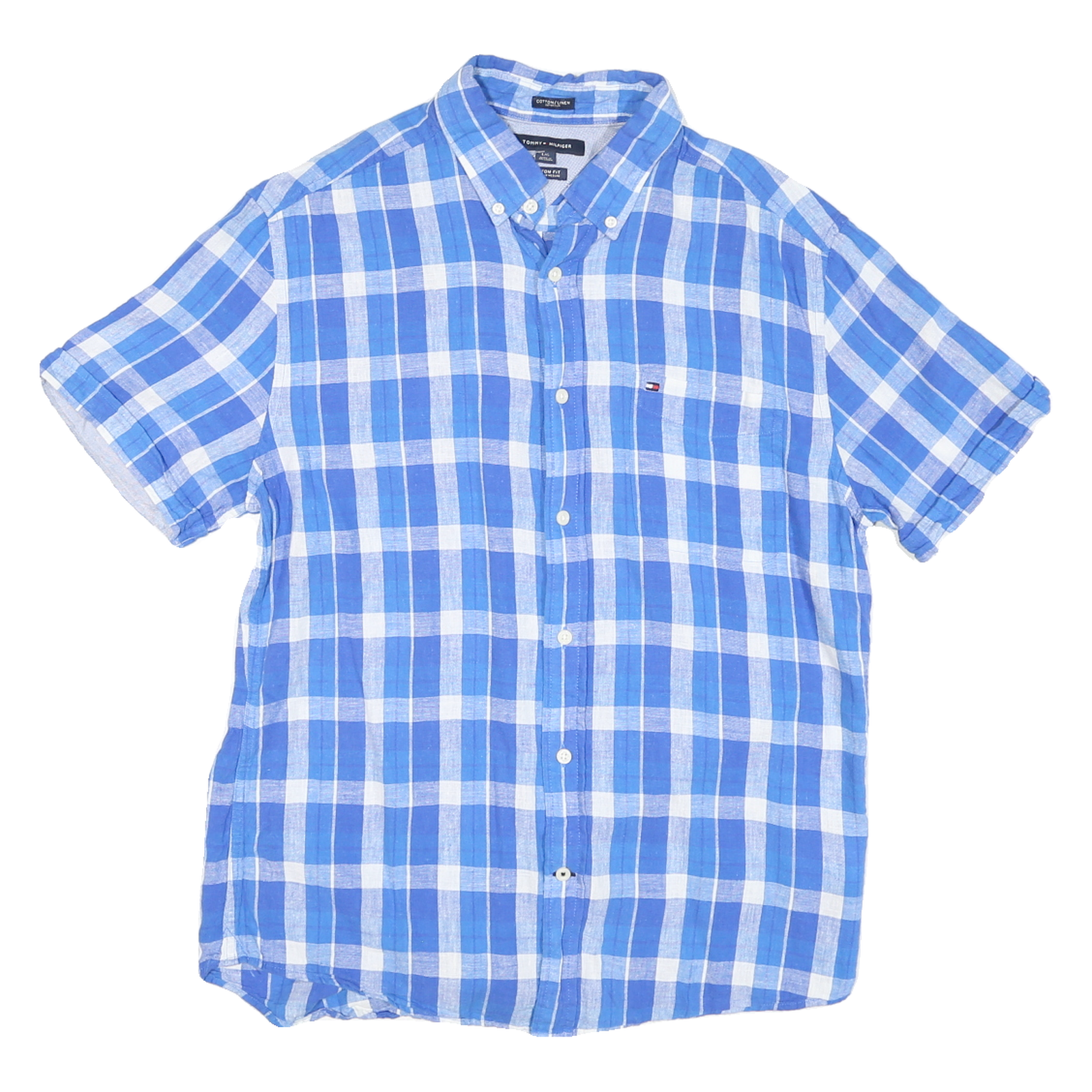 TOMMY HILFIGER Mens Blue & White Checked Linen Shirt L Button Down Short Sleeve