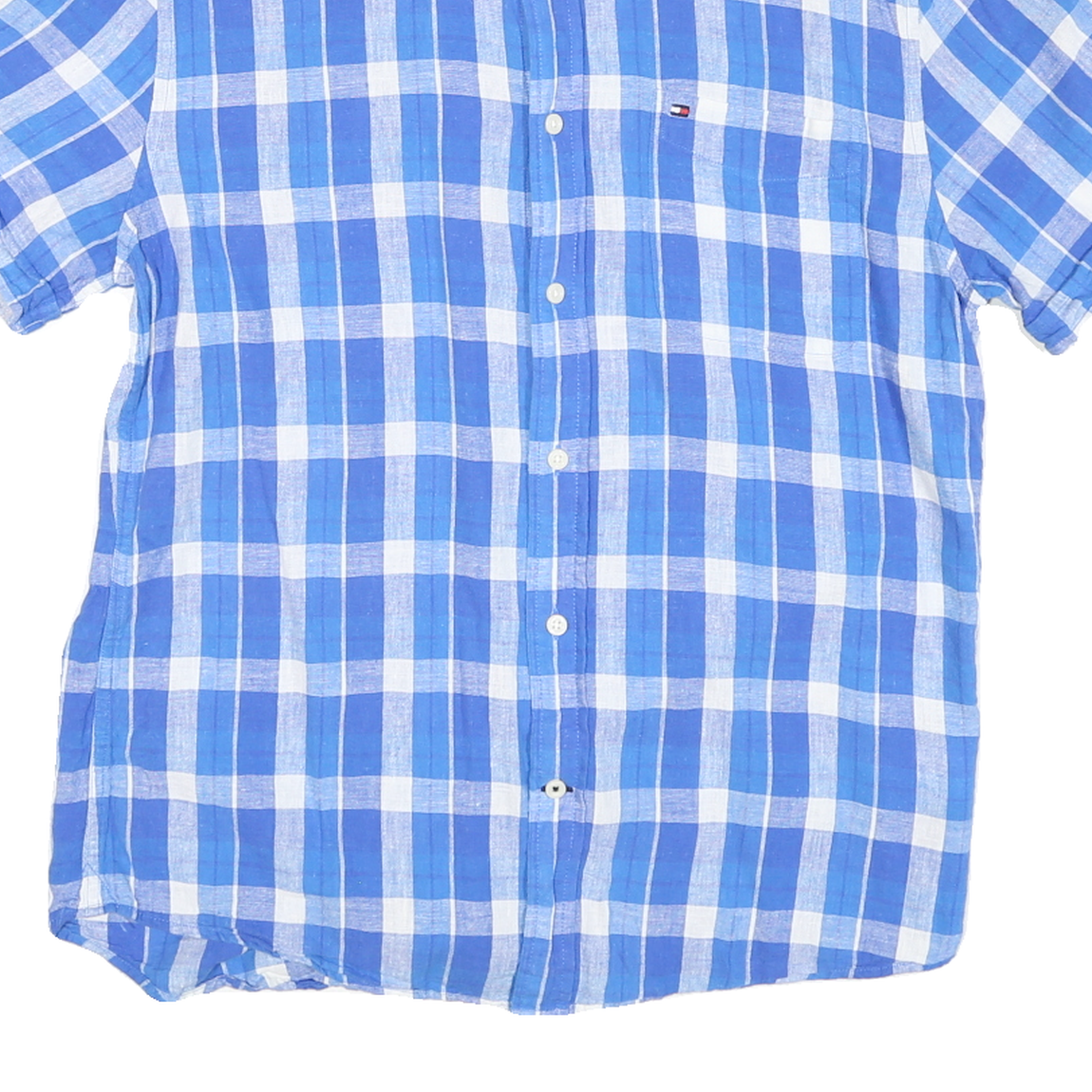 TOMMY HILFIGER Mens Blue & White Checked Linen Shirt L Button Down Short Sleeve