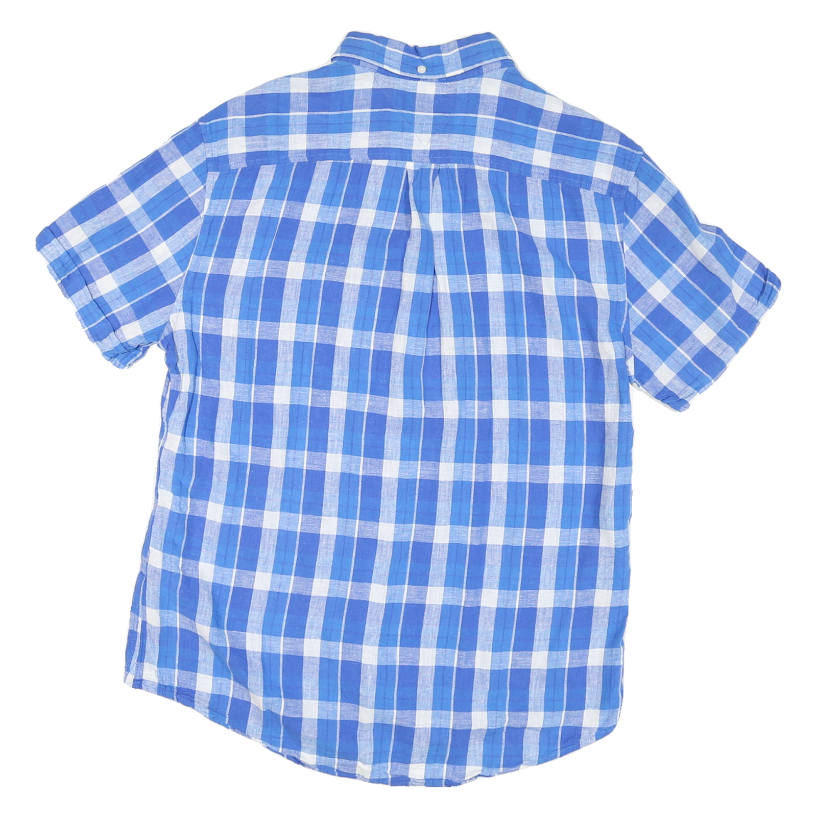 TOMMY HILFIGER Mens Blue & White Checked Linen Shirt L Button Down Short Sleeve