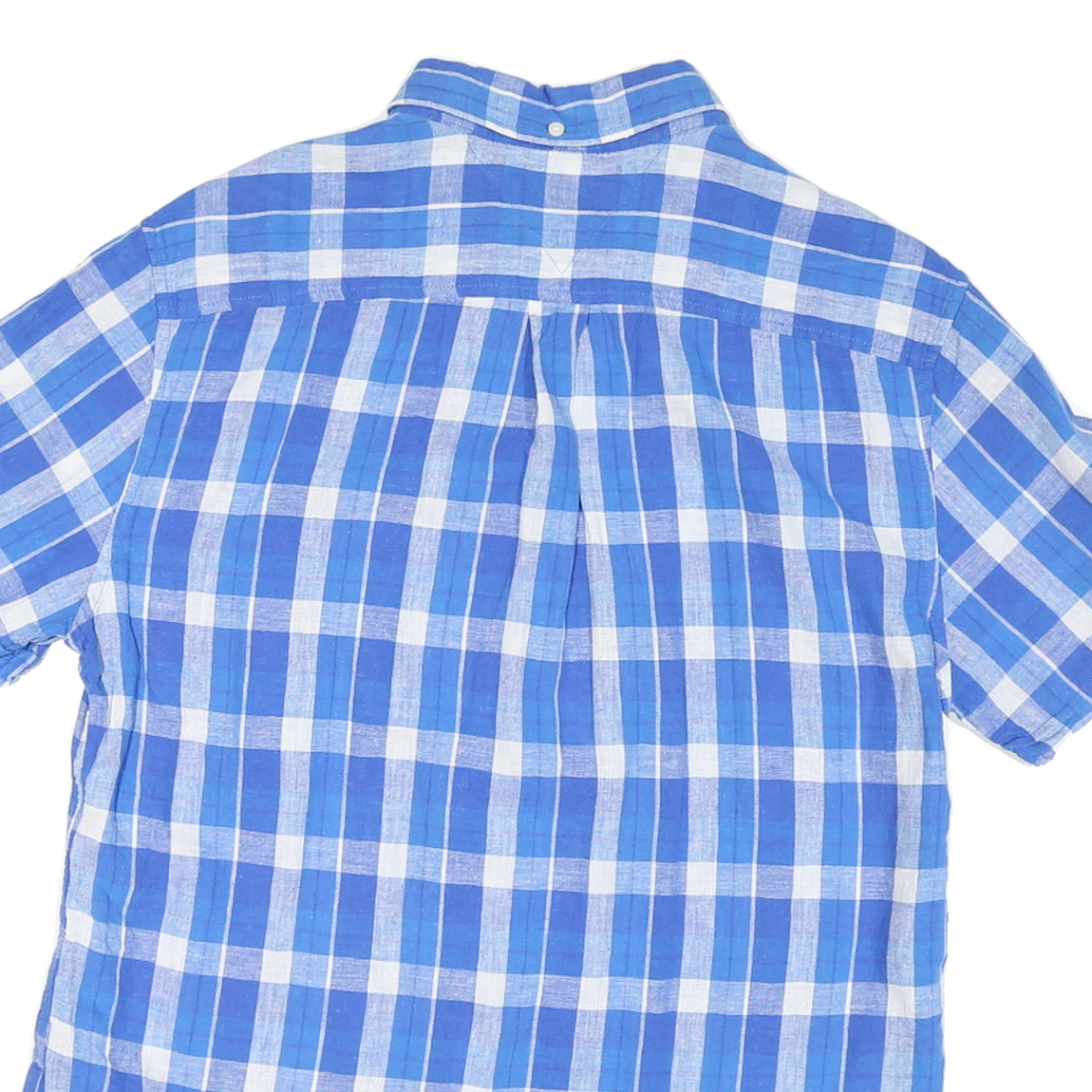 TOMMY HILFIGER Mens Blue & White Checked Linen Shirt L Button Down Short Sleeve