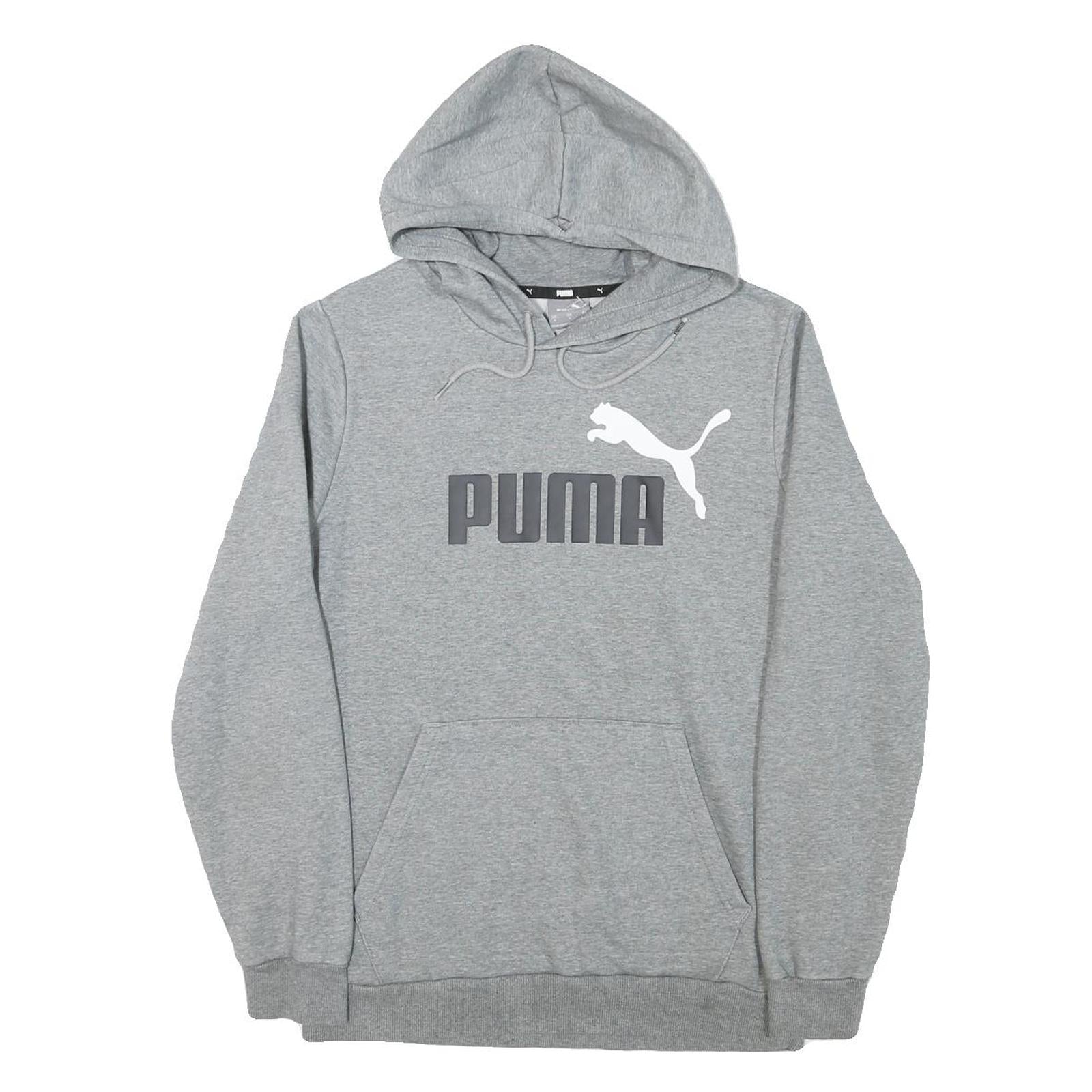 PUMA Mens Grey Pullover Hoodie S Cotton Blend Drawstring Hood Logo Sweatshirt
