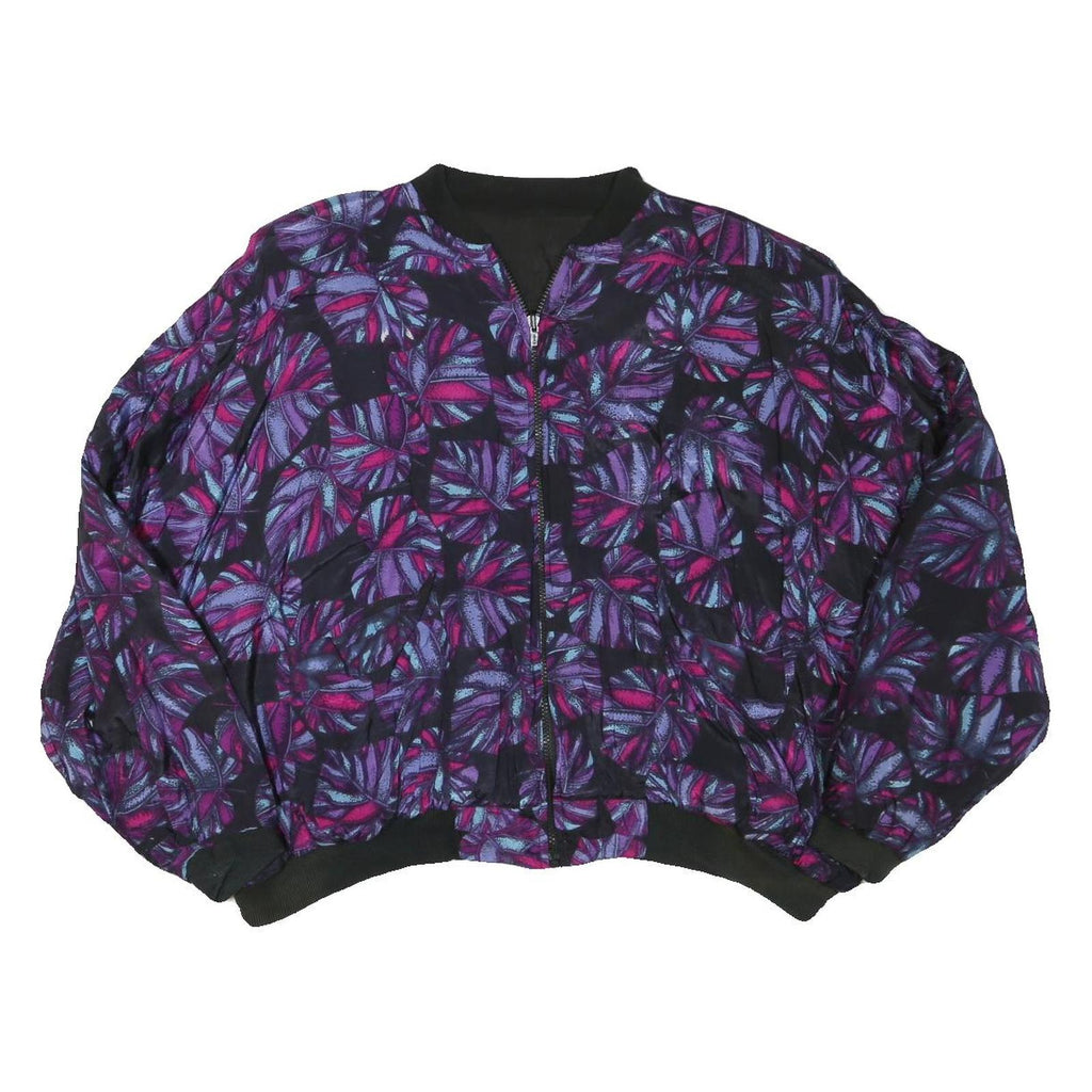Womens Black Purple Leaf Print Casual Zip Jacket L Polyester Blend Bomber