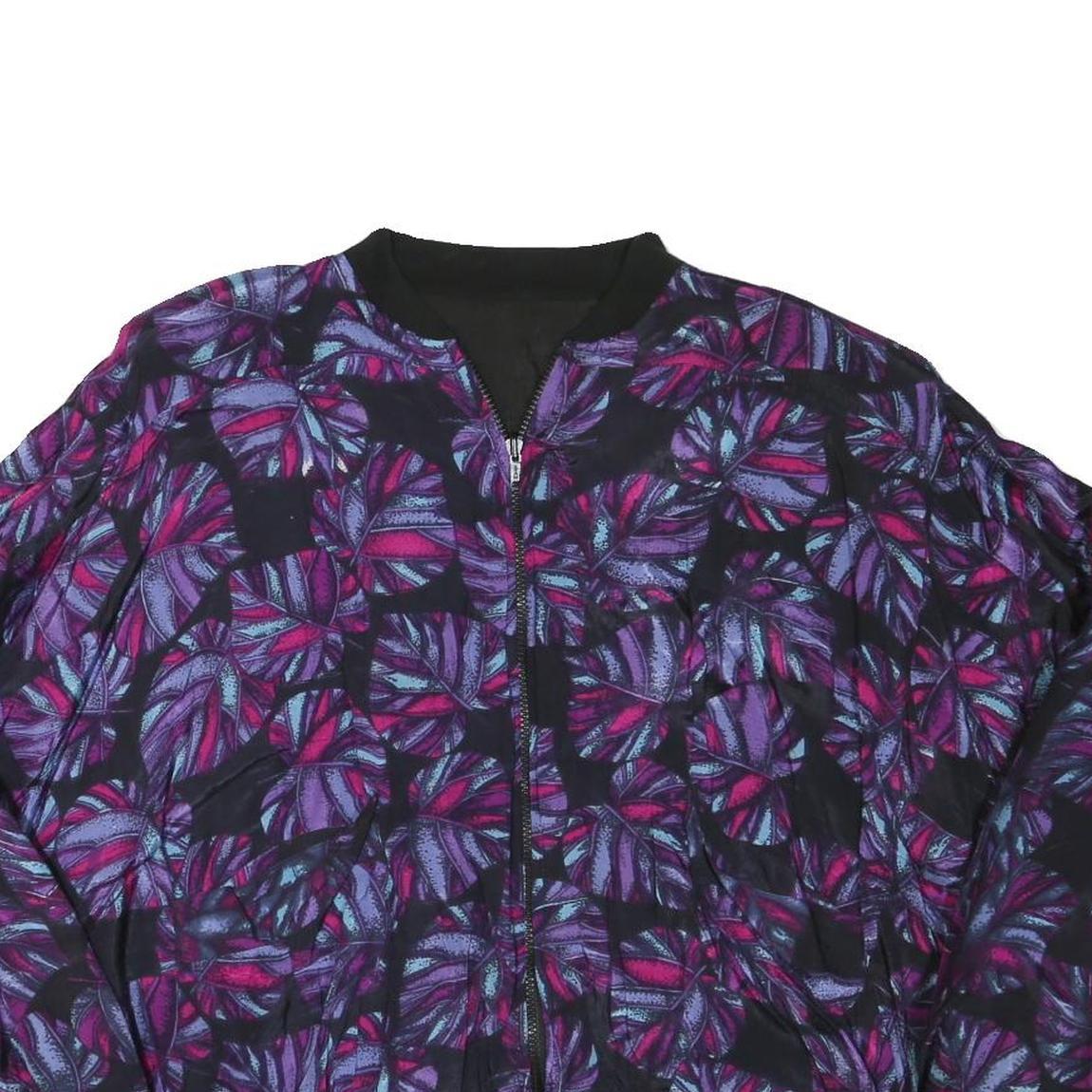 Womens Black Purple Leaf Print Casual Zip Jacket L Polyester Blend Bomber