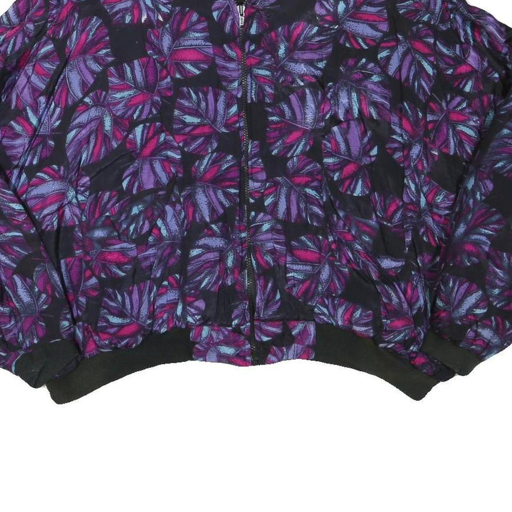 Womens Black Purple Leaf Print Casual Zip Jacket L Polyester Blend Bomber