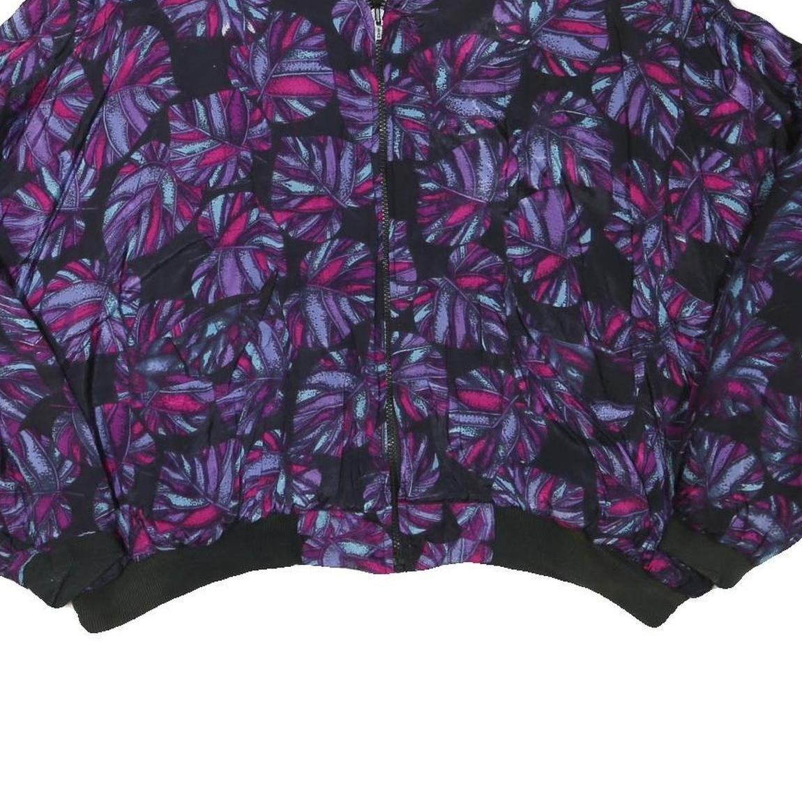 Womens Black Purple Leaf Print Casual Zip Jacket L Polyester Blend Bomber