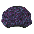 Womens Black Purple Leaf Print Casual Zip Jacket L Polyester Blend Bomber