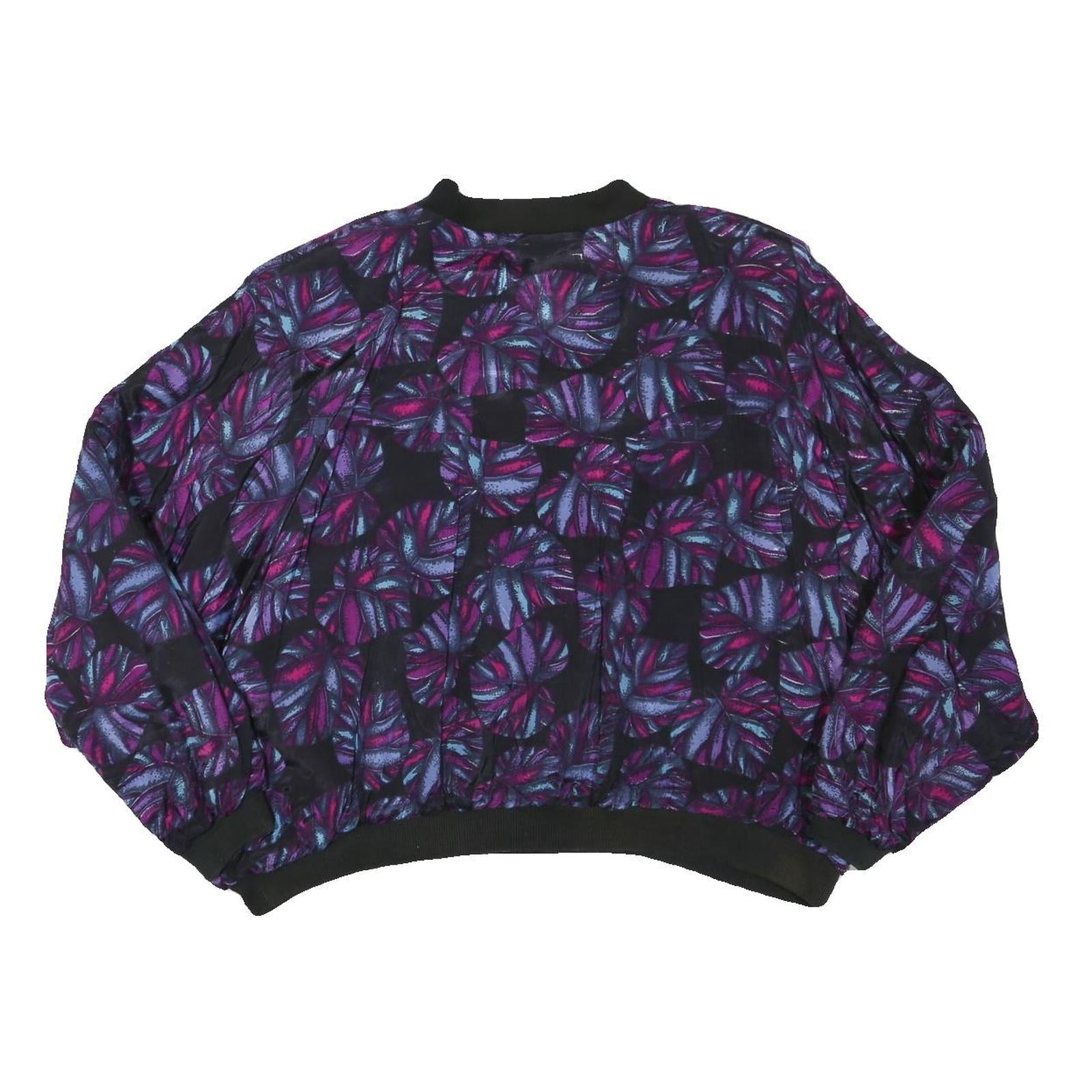 Womens Black Purple Leaf Print Casual Zip Jacket L Polyester Blend Bomber