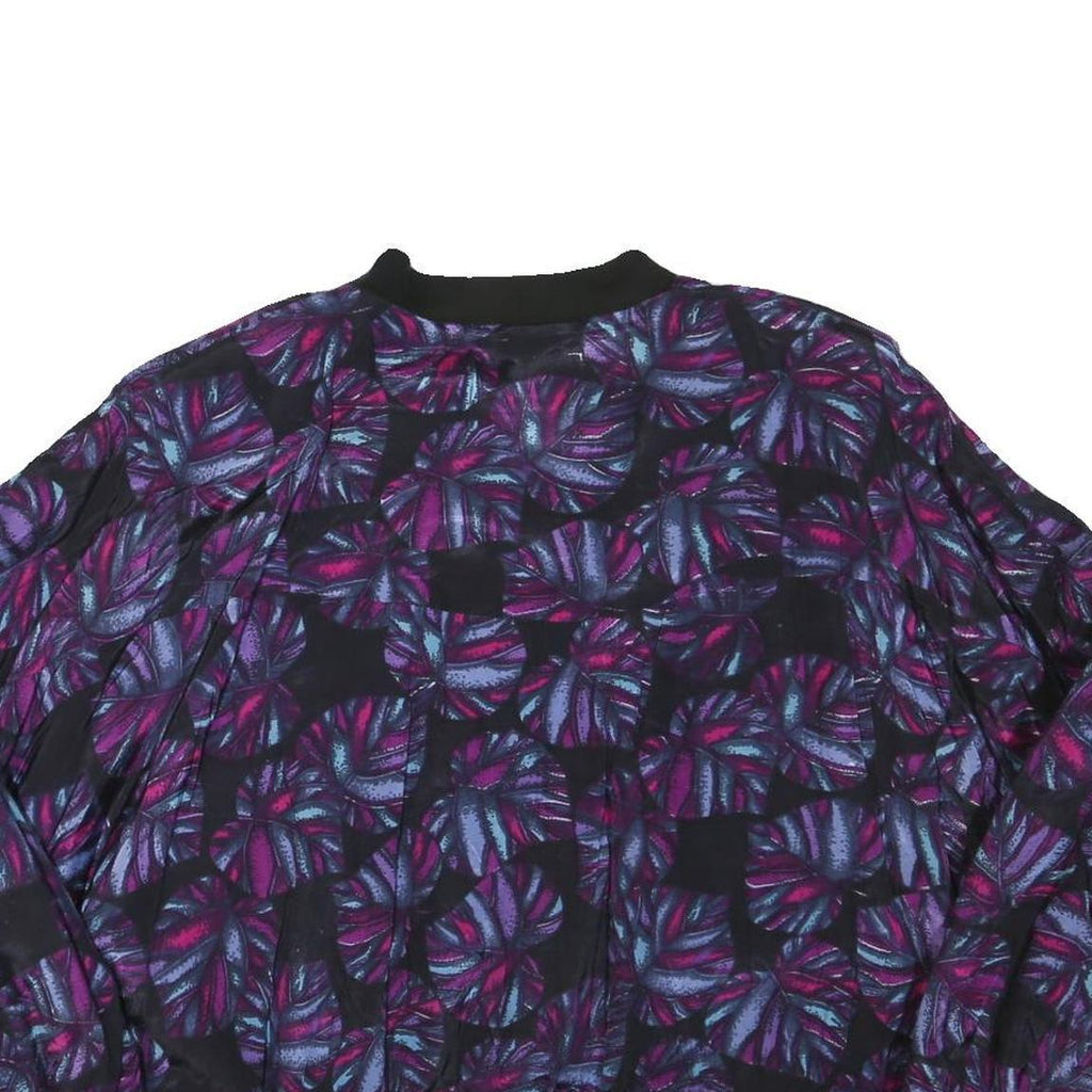 Womens Black Purple Leaf Print Casual Zip Jacket L Polyester Blend Bomber