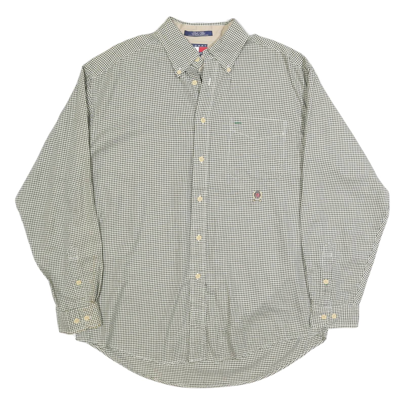 TOMMY HILFIGER Mens Green & White Check Shirt L Button Down Casual Cotton