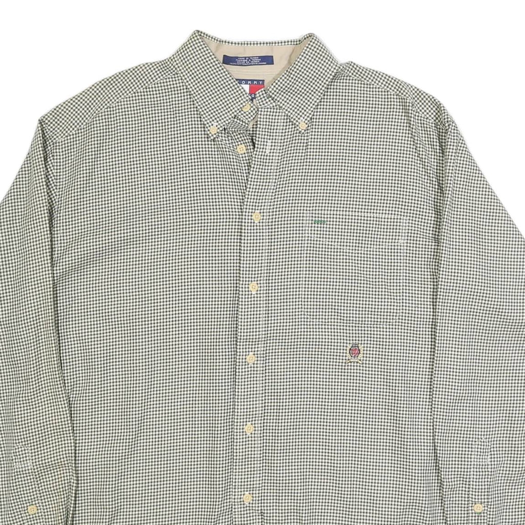 TOMMY HILFIGER Mens Green & White Check Shirt L Button Down Casual Cotton
