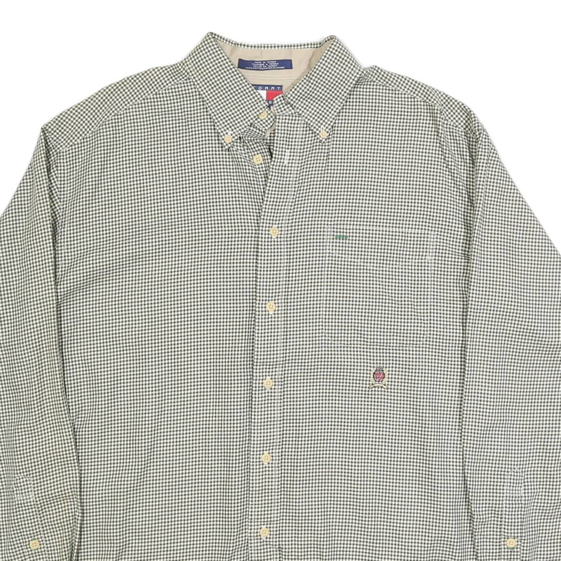 TOMMY HILFIGER Mens Green & White Check Shirt L Button Down Casual Cotton