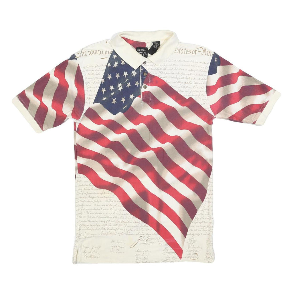 COTTON TRADERS Mens Cream & Red American Flag Print Short Sleeve S Polo Shirt