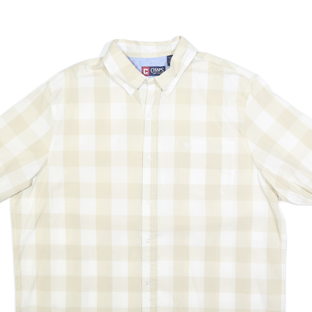 CHAPS Mens Beige & White Check Shirt XL Casual Cotton Blend Short Sleeve