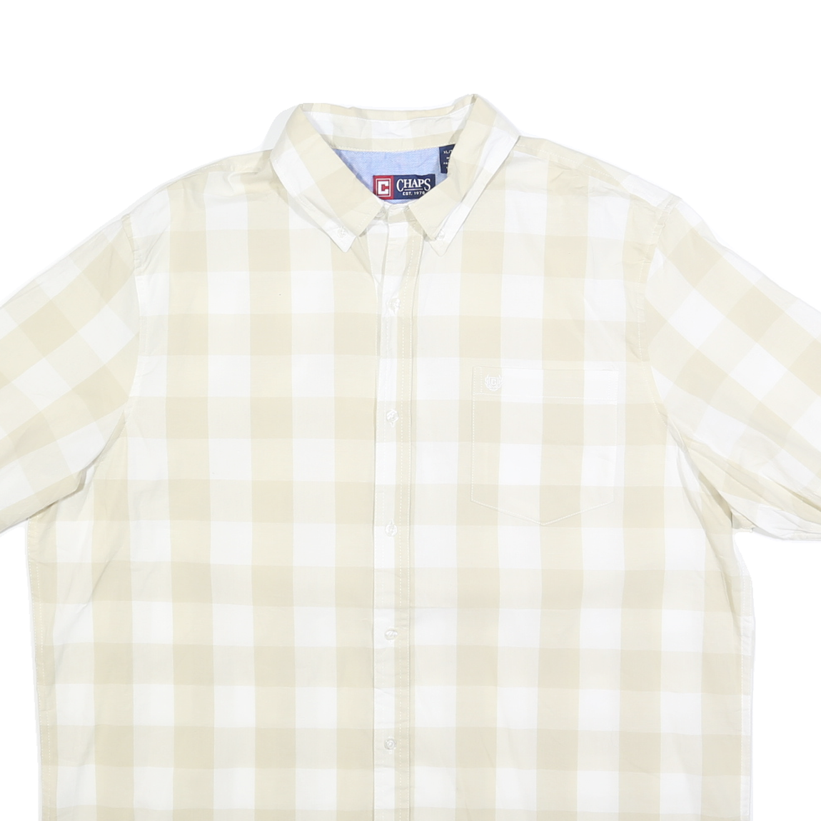 CHAPS Mens Beige & White Check Shirt XL Casual Cotton Blend Short Sleeve