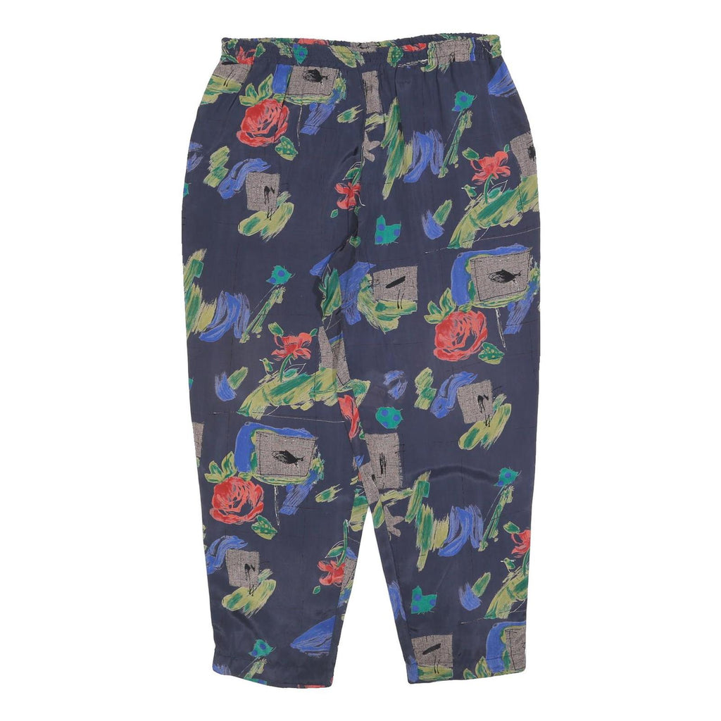 Womens Rayon Relaxed Navy Blue Floral Pattern Trousers W35 L30 Casual Soft