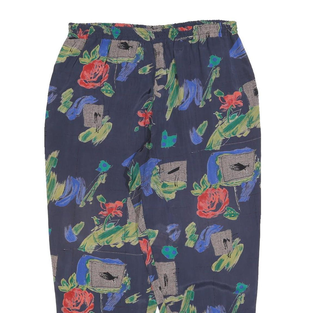 Womens Rayon Relaxed Navy Blue Floral Pattern Trousers W35 L30 Casual Soft