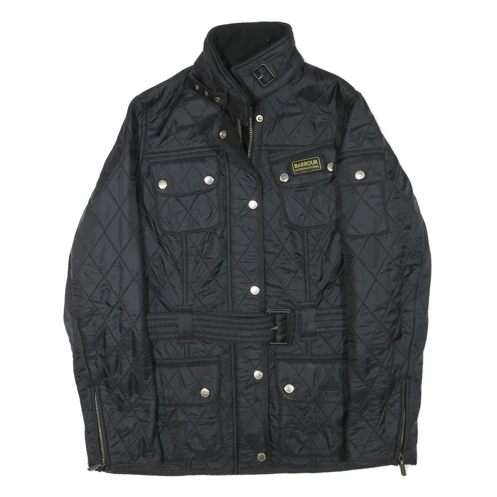 BARBOUR Womens Black Quilted Jacket UK 10 Polyester Blend Zip Belted