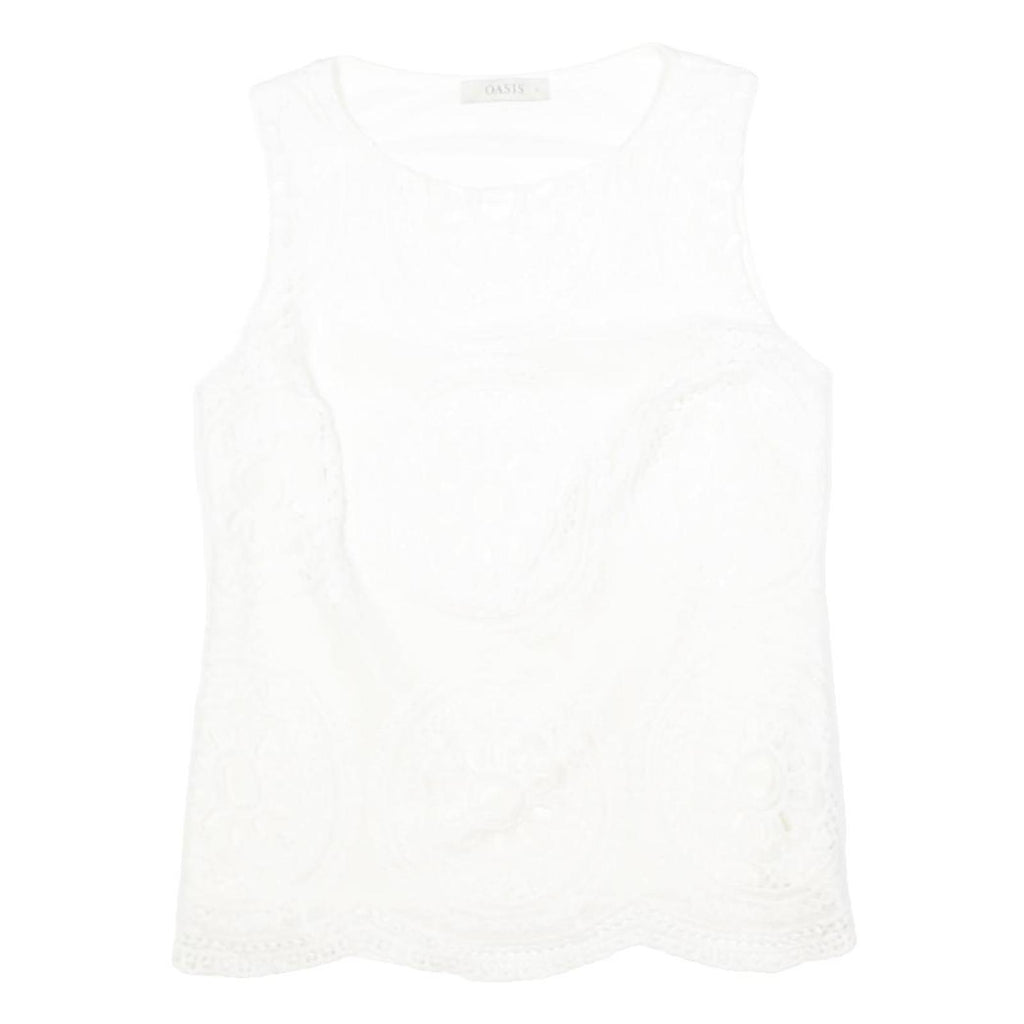 OASIS Womens White Lace Sleeveless Top Round Neck S Cotton Blend Summer