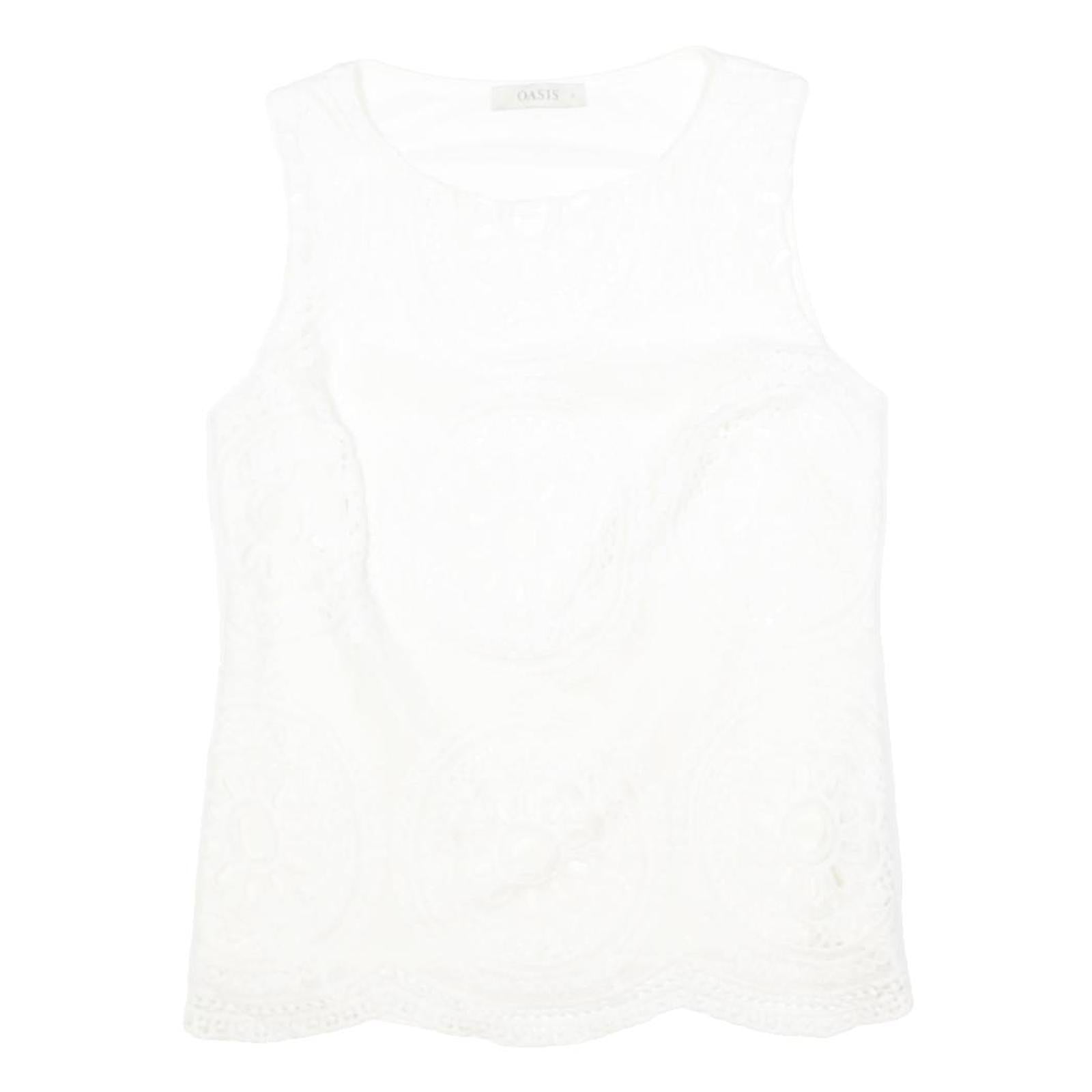 OASIS Womens White Lace Sleeveless Top Round Neck S Cotton Blend Summer