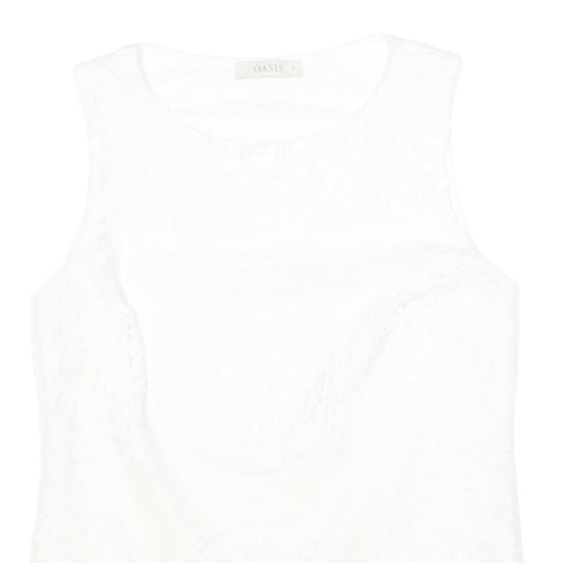 OASIS Womens White Lace Sleeveless Top Round Neck S Cotton Blend Summer