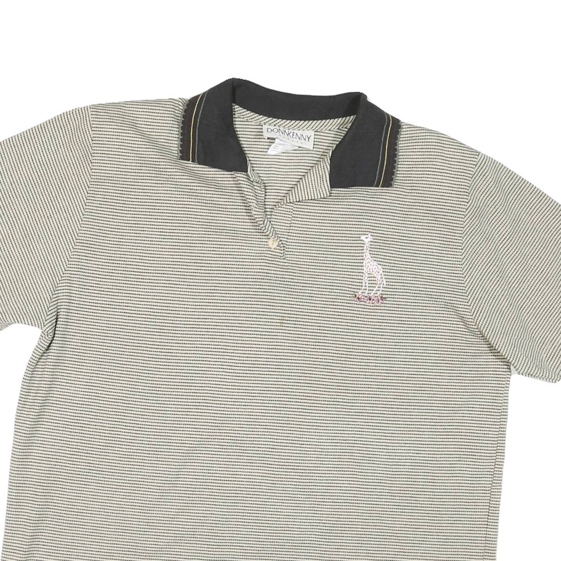 DONNKENNY Mens Beige & Black Striped Polo Shirt L Cotton Blend Short Sleeve