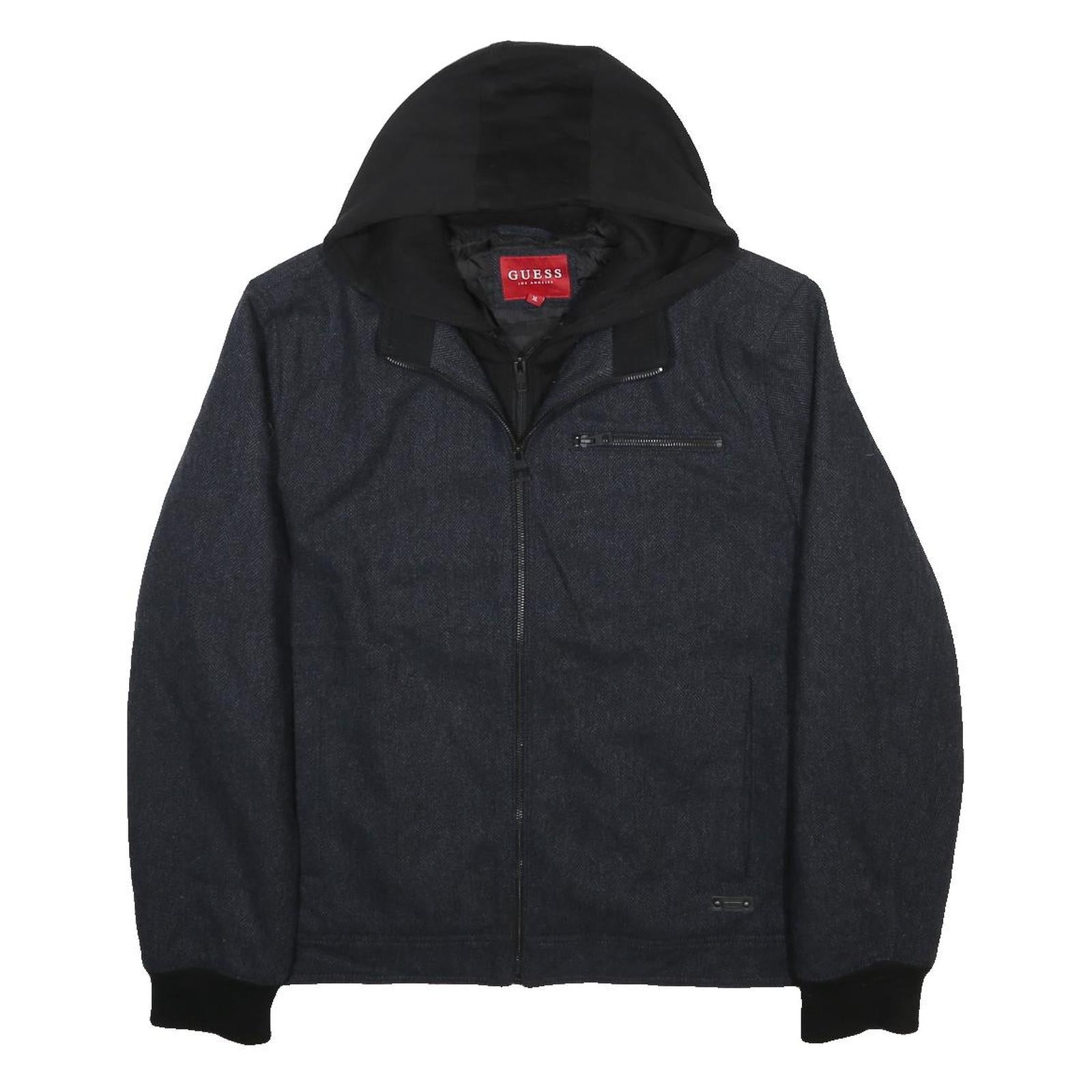 GUESS Mens Black Wool Blend Jacket XL Zip Hooded Classic Fit Casual Outerwear