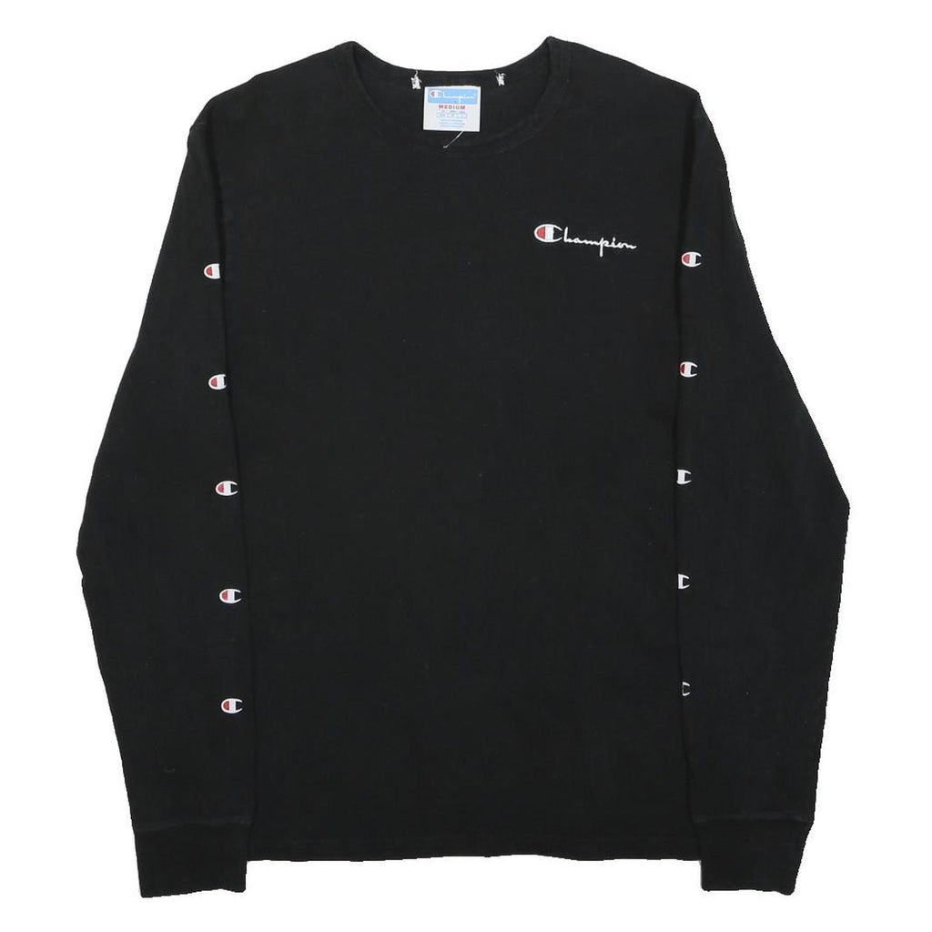 CHAMPION Mens Black Sweatshirt Crew Neck M Logo Tape Sleeve Pullover Casual