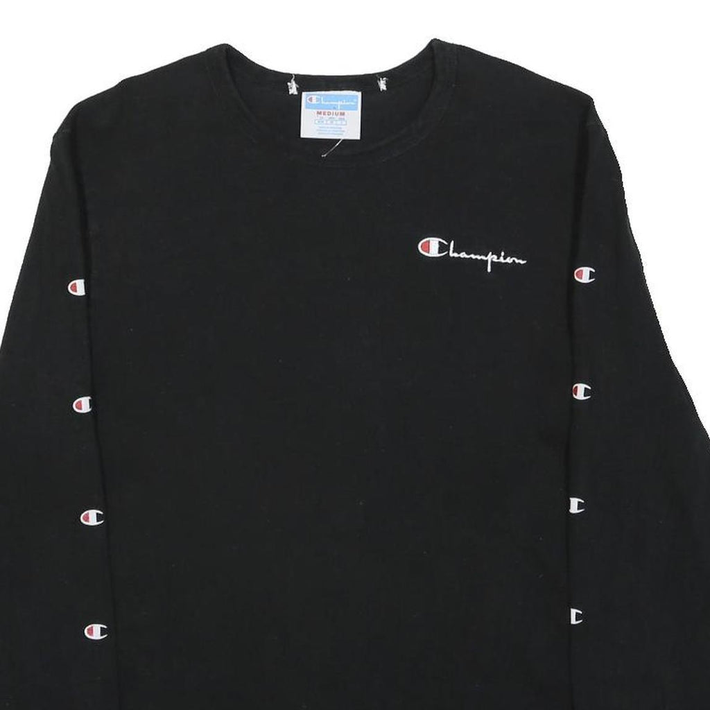CHAMPION Mens Black Sweatshirt Crew Neck M Logo Tape Sleeve Pullover Casual