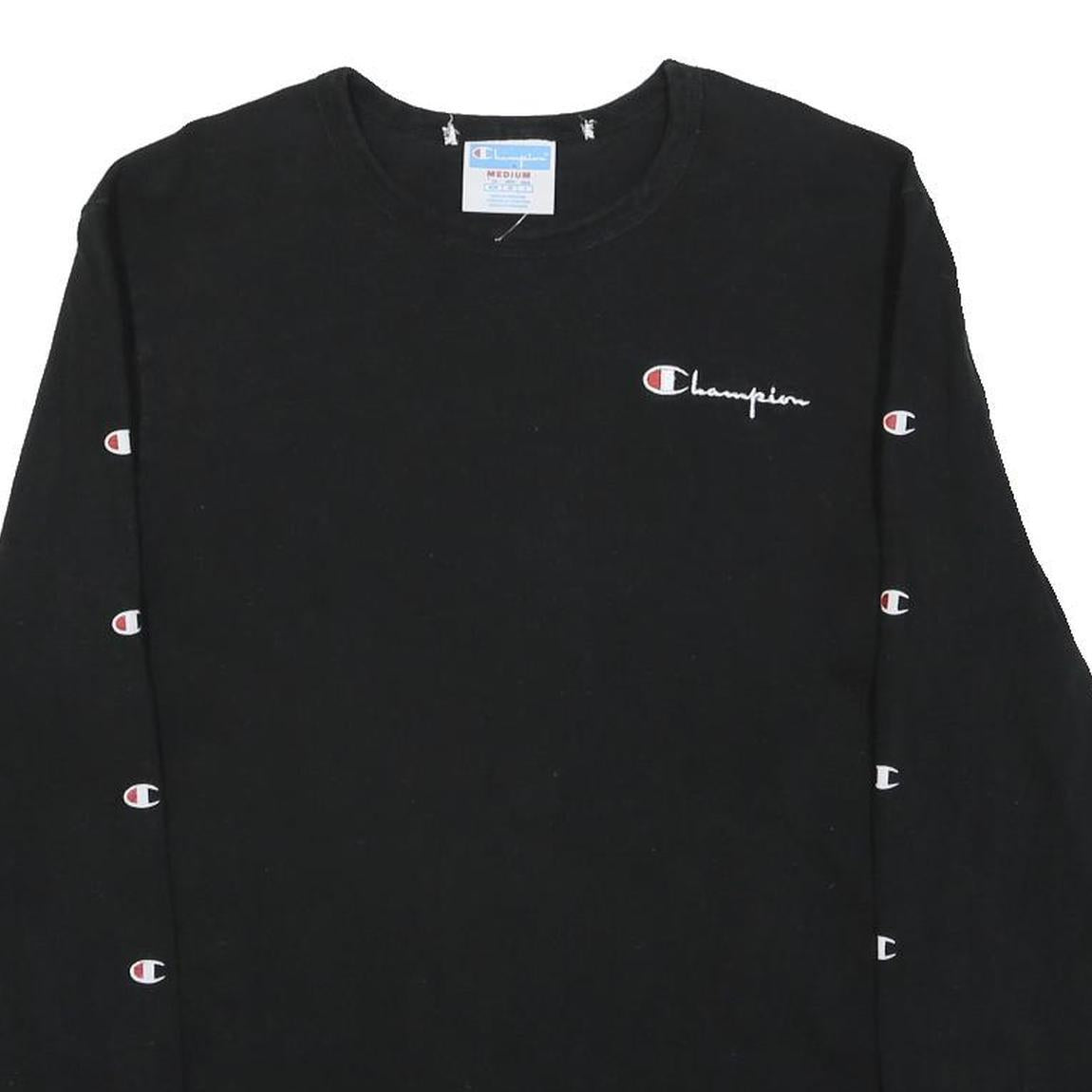 CHAMPION Mens Black Sweatshirt Crew Neck M Logo Tape Sleeve Pullover Casual